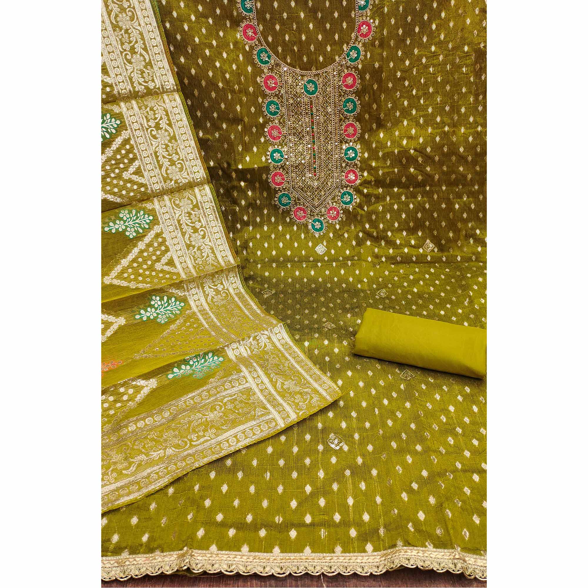 Mehendi Green Woven With Sequins Work Jacquard Dress Material