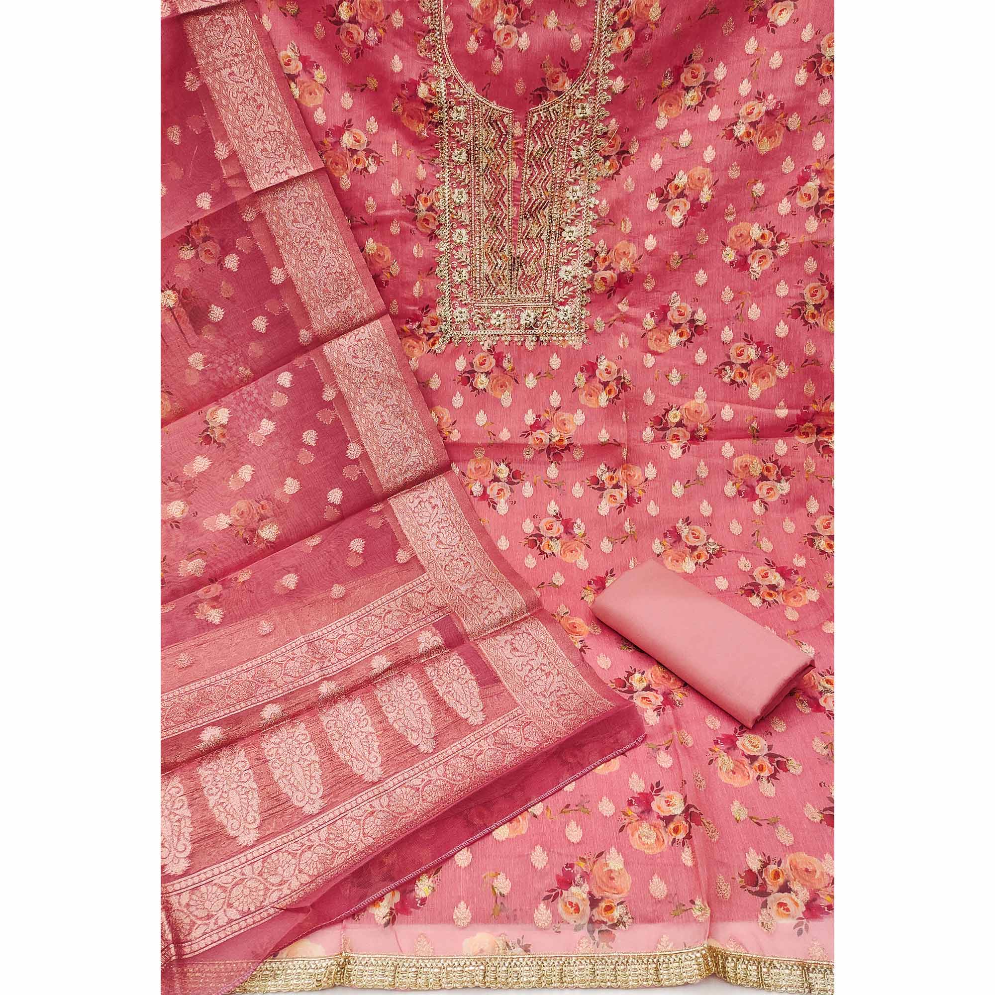 Gajri Pink Floral Print With Zari Woven Cotton Silk Dress Material