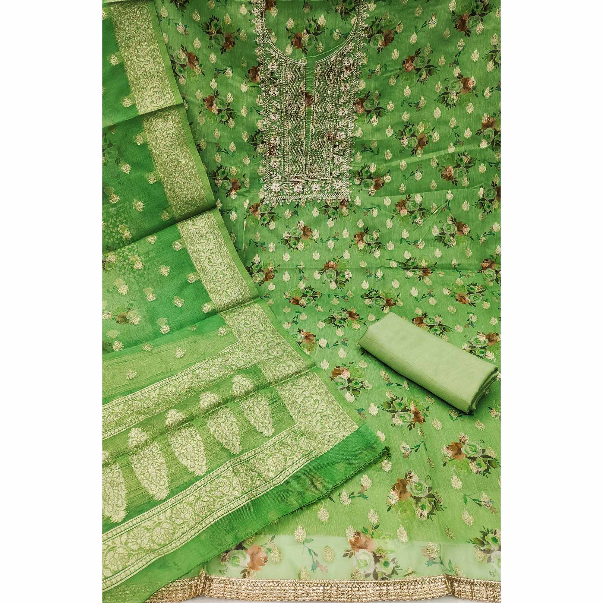 Green Floral Print With Zari Woven Cotton Silk Dress Material