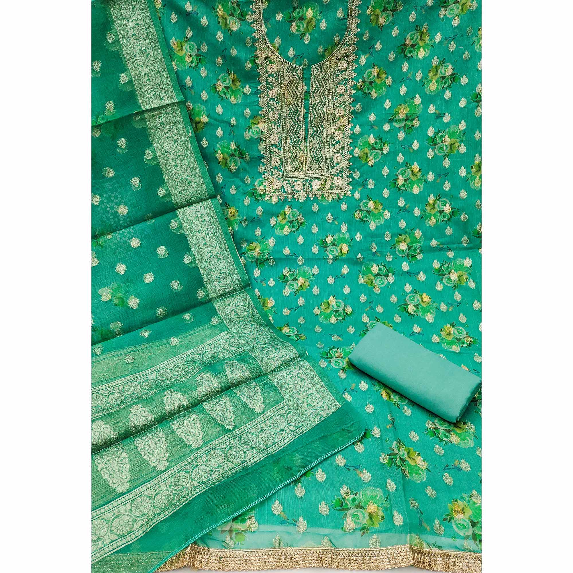 Rama Green Floral Print With Zari Woven Cotton Silk Dress Material