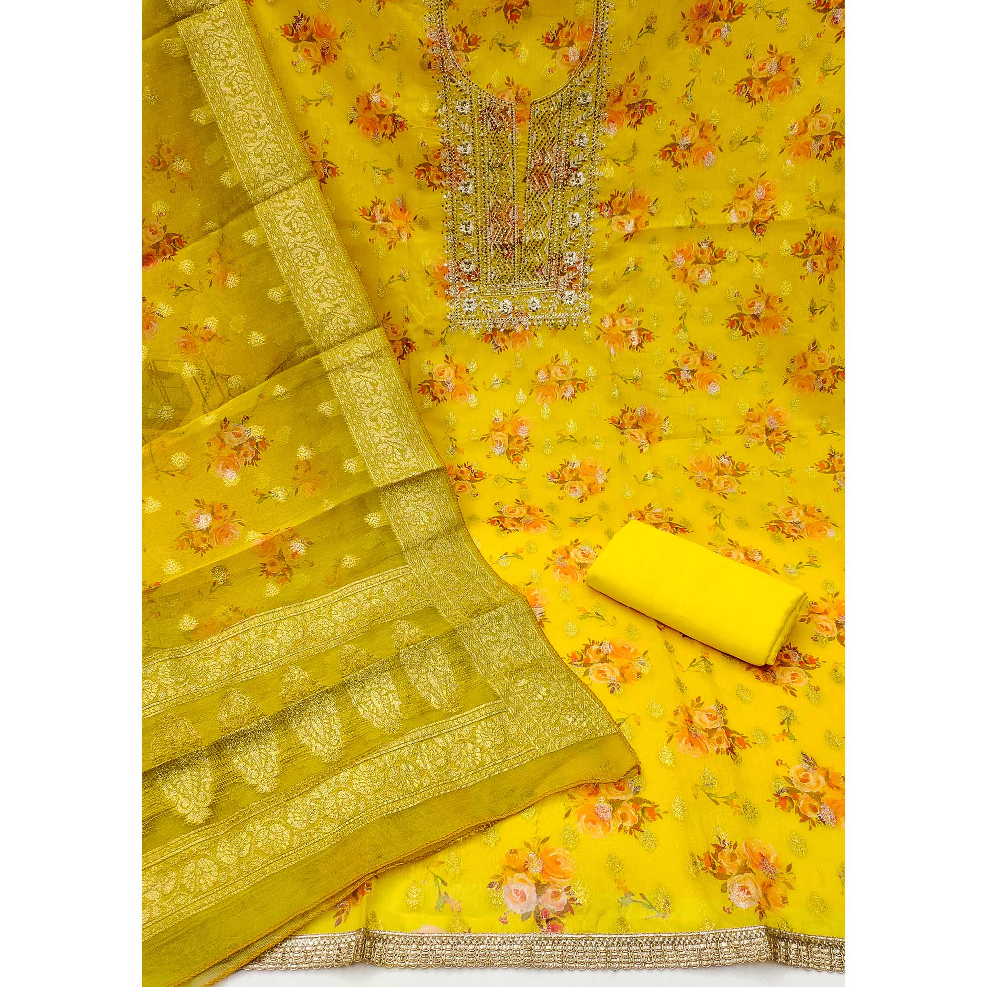 Yellow Floral Print With Zari Woven Cotton Silk Dress Material