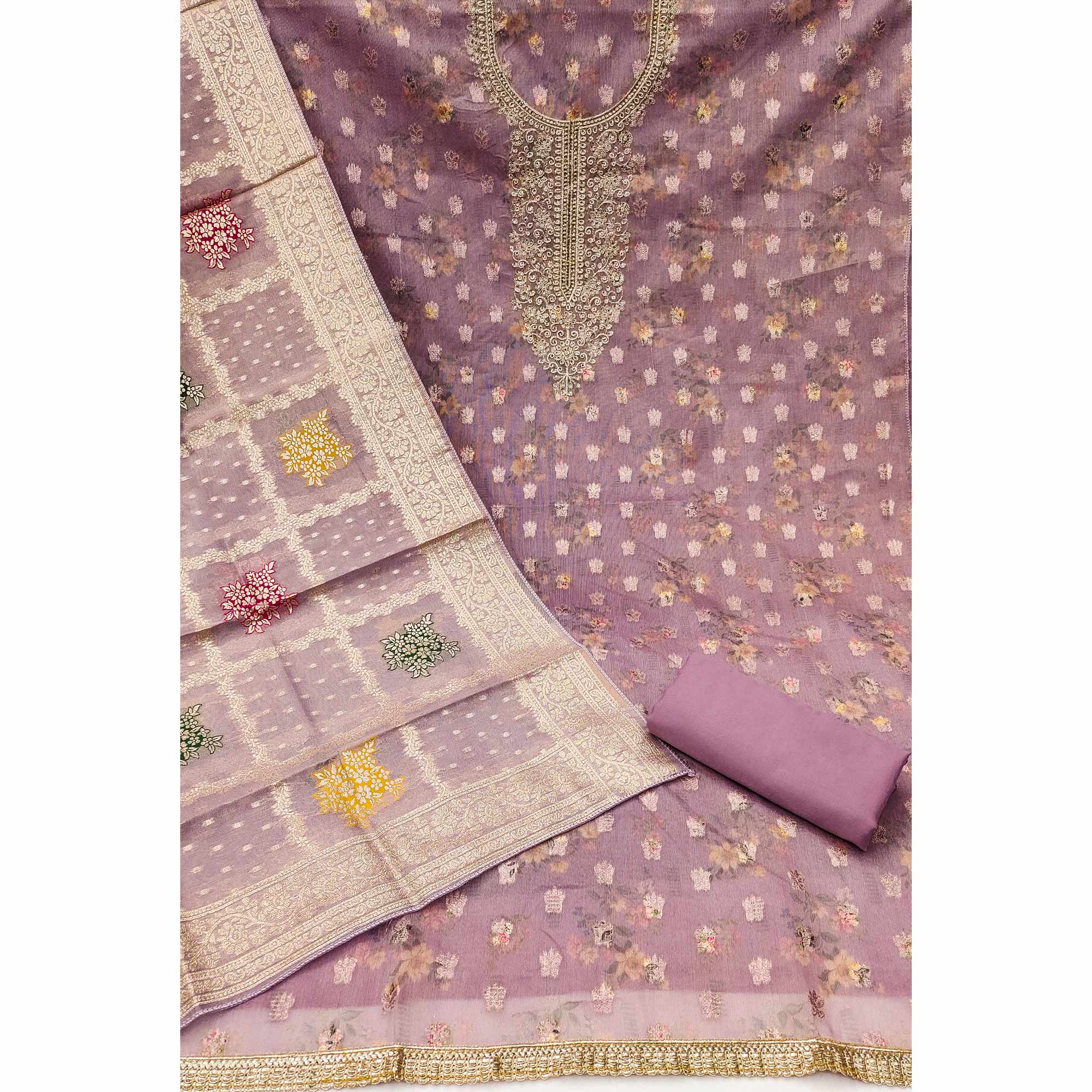 Mauve Floral Print With Zari Woven Cotton Silk Dress Material