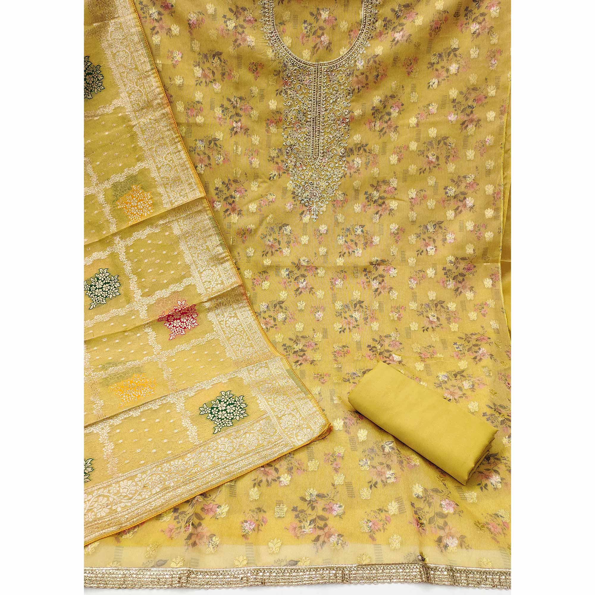 Mustard Floral Print With Zari Woven Cotton Silk Dress Material