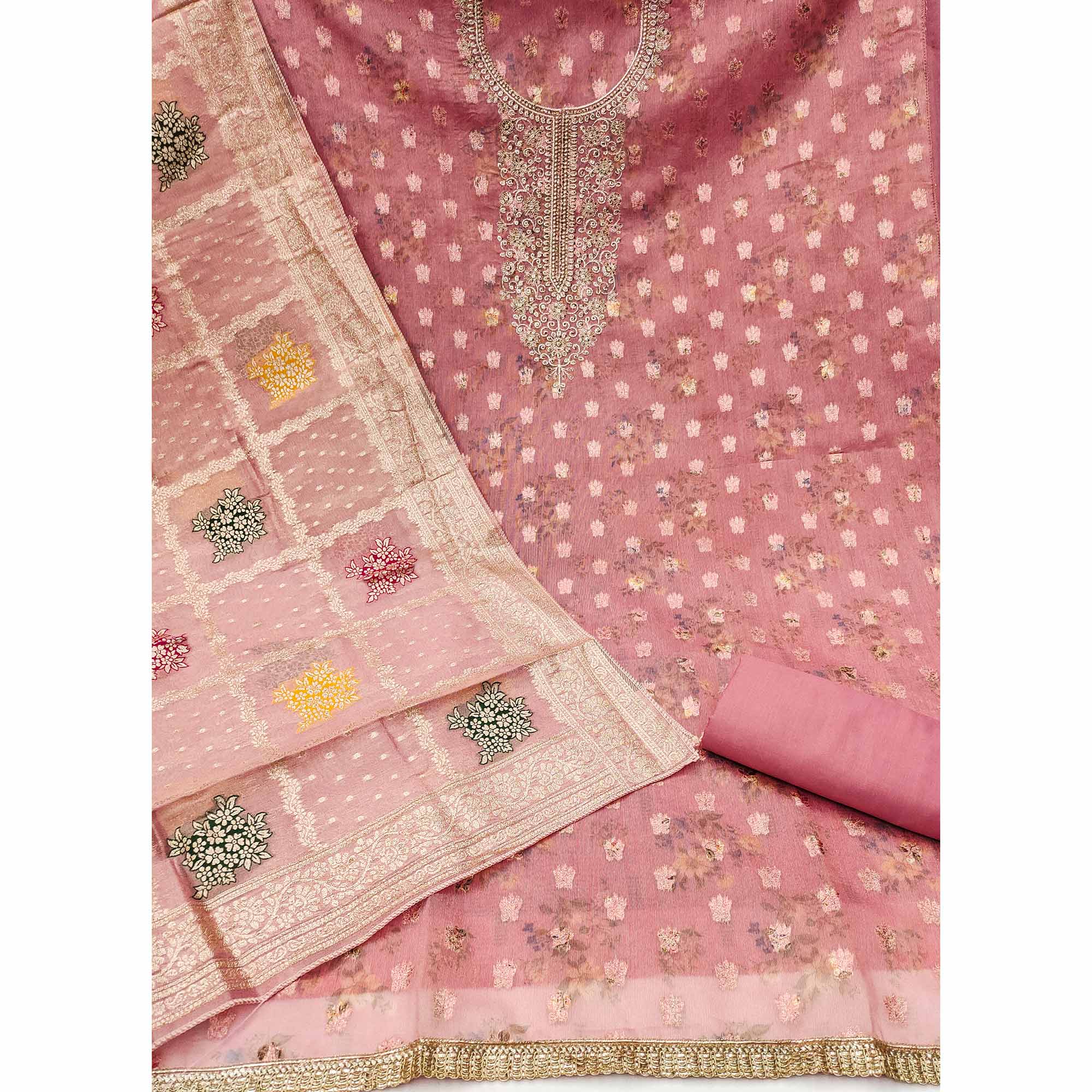 Pink Floral Print With Zari Woven Cotton Silk Dress Material