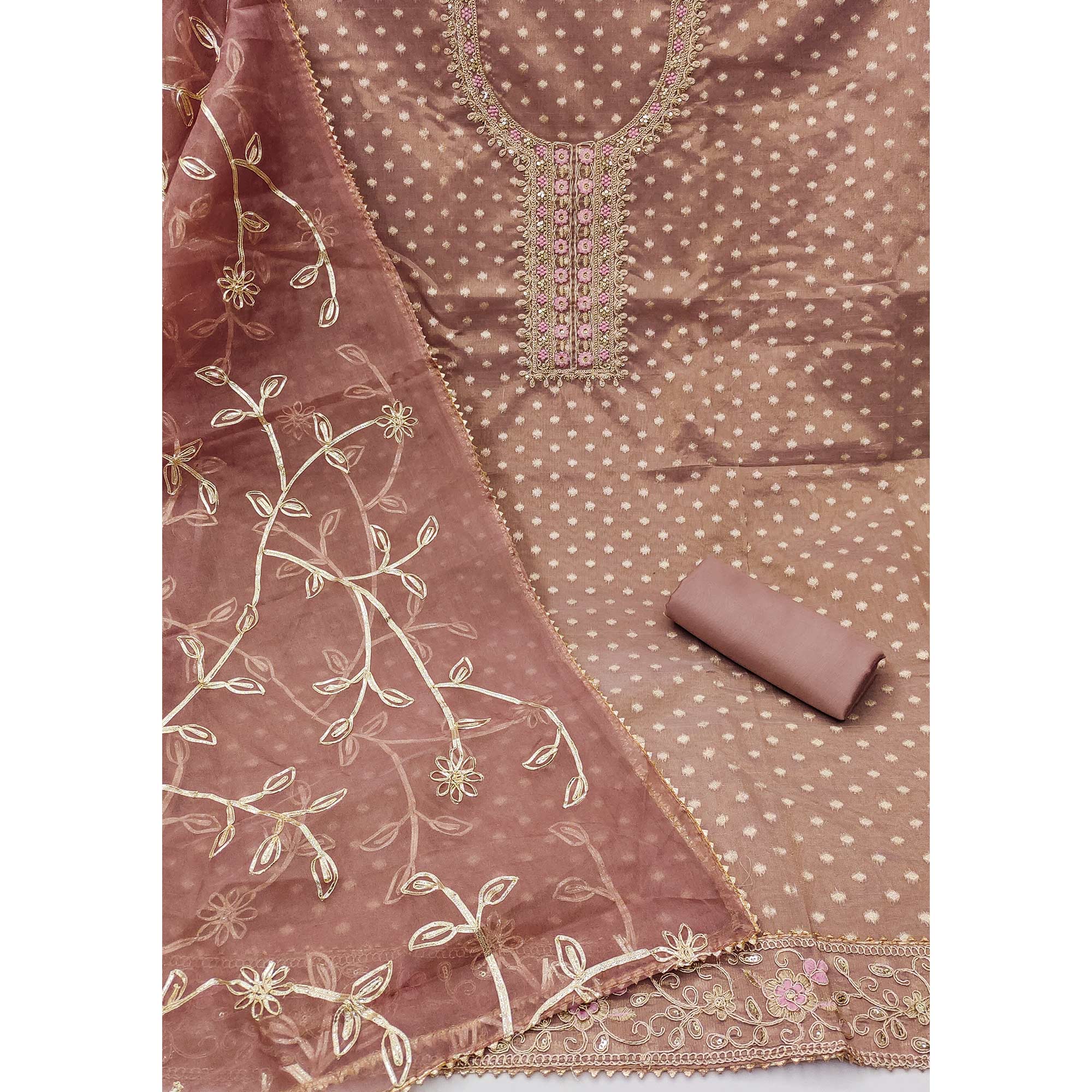 Brown Zari Motifs Woven Cotton Silk Dress Material