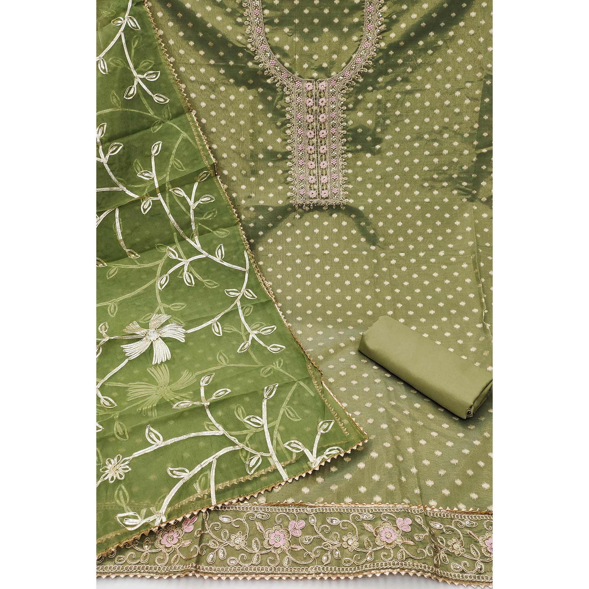 Green Zari Motifs Woven Cotton Silk Dress Material