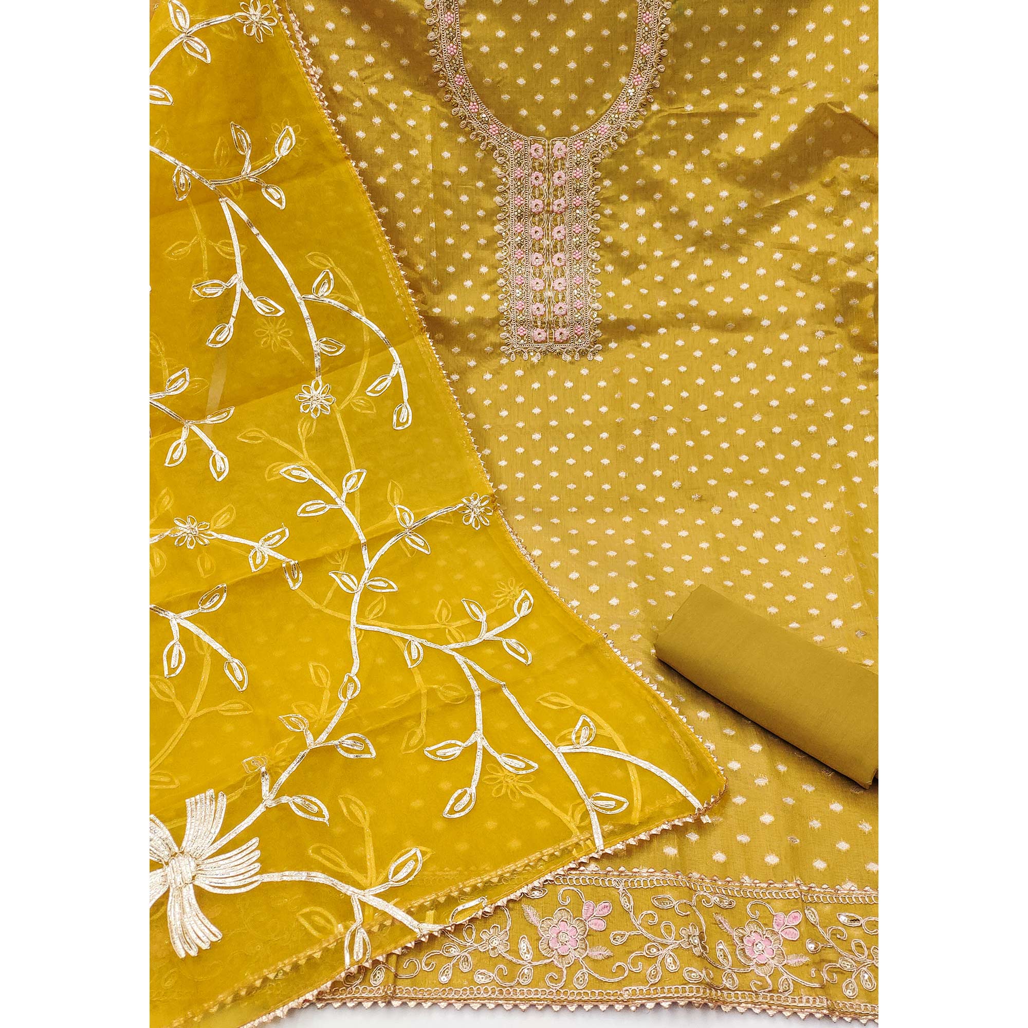 Mustard Zari Motifs Woven Cotton Silk Dress Material