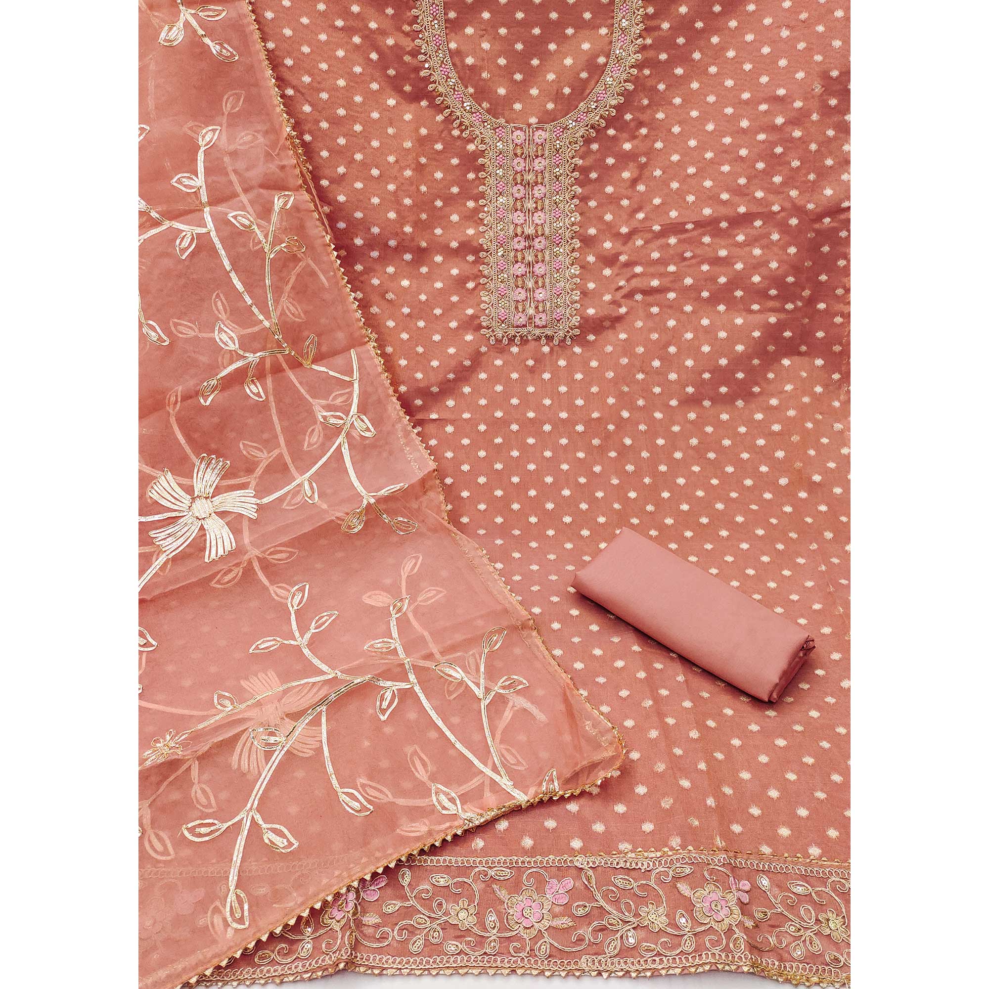 Peach Zari Motifs Woven Cotton Silk Dress Material