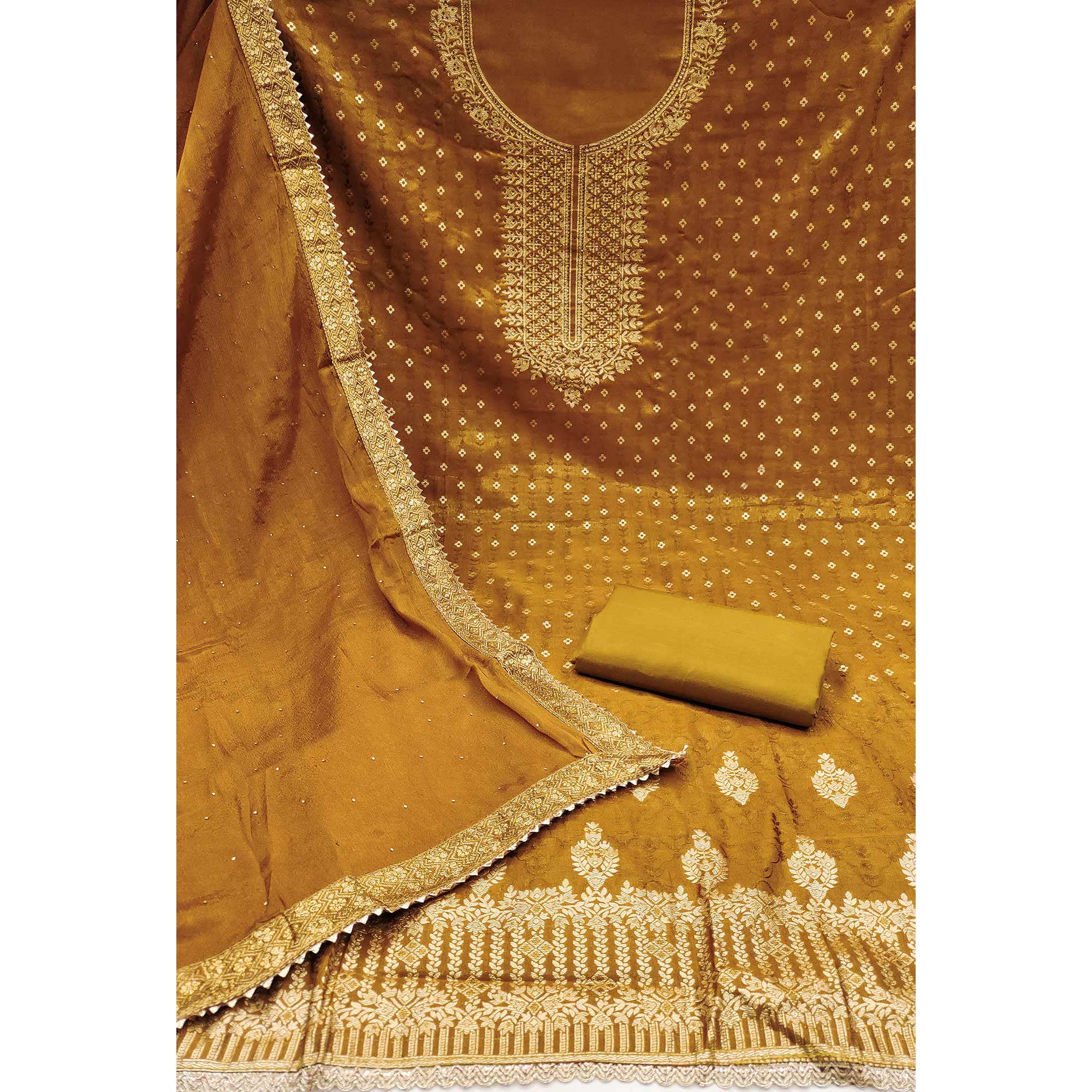 Mustard Floral Woven With Stonework Jacquard Dress Material