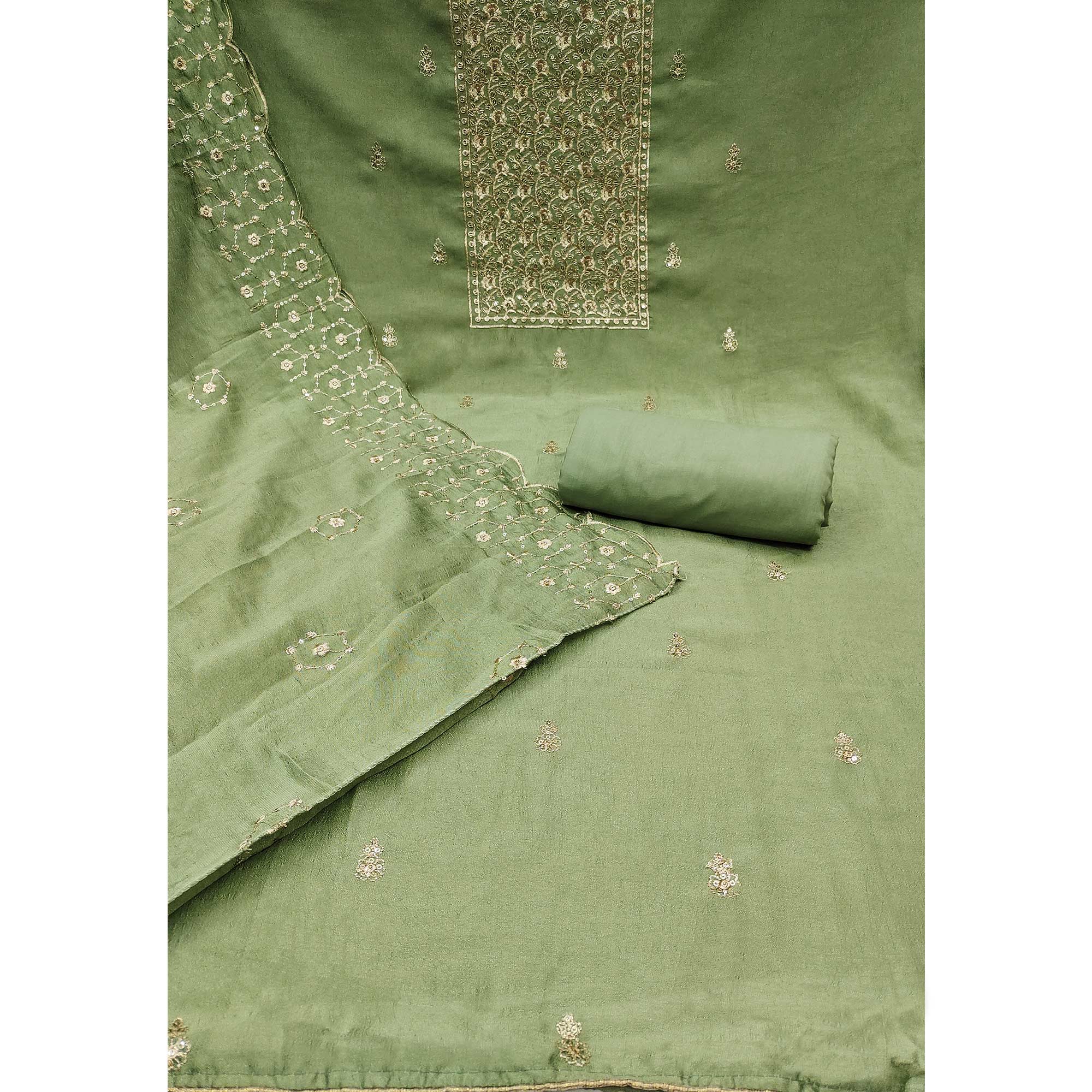 Green Sequins Embroidered Chinon Dress Material