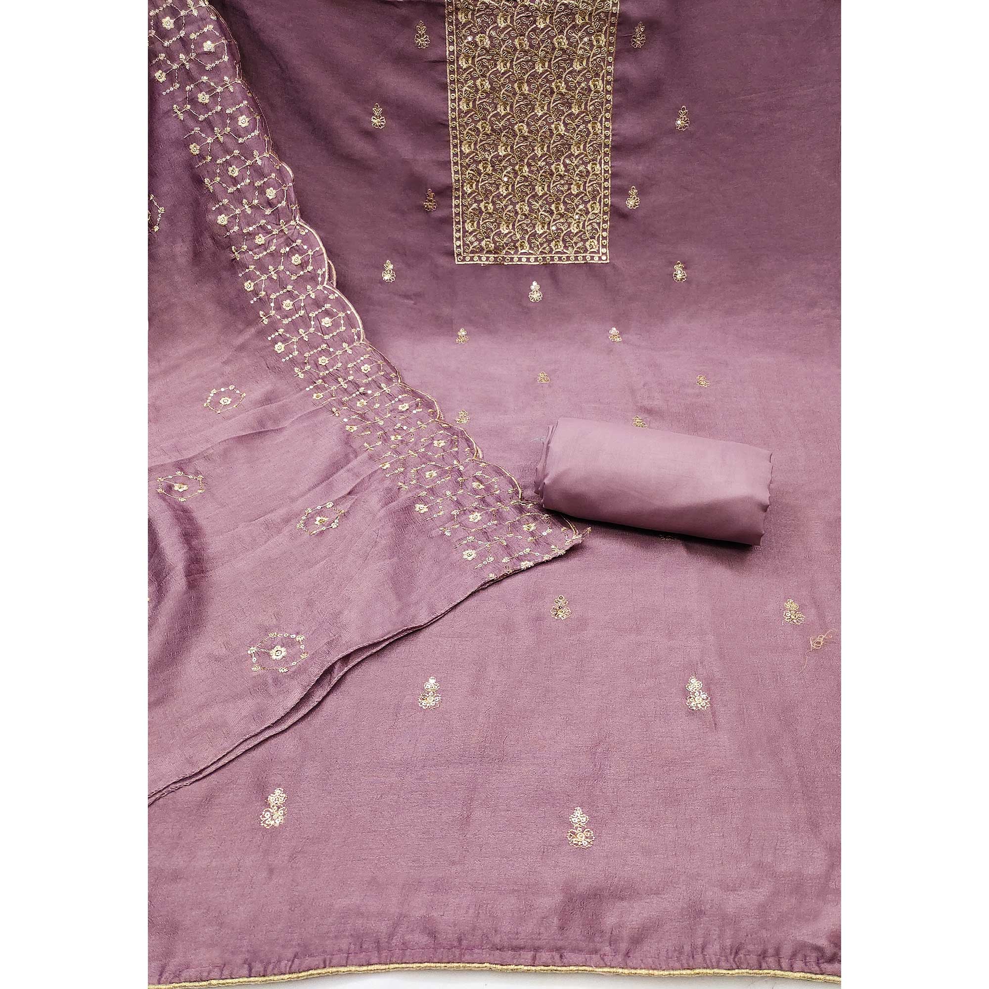 Mauve Sequins Embroidered Chinon Dress Material