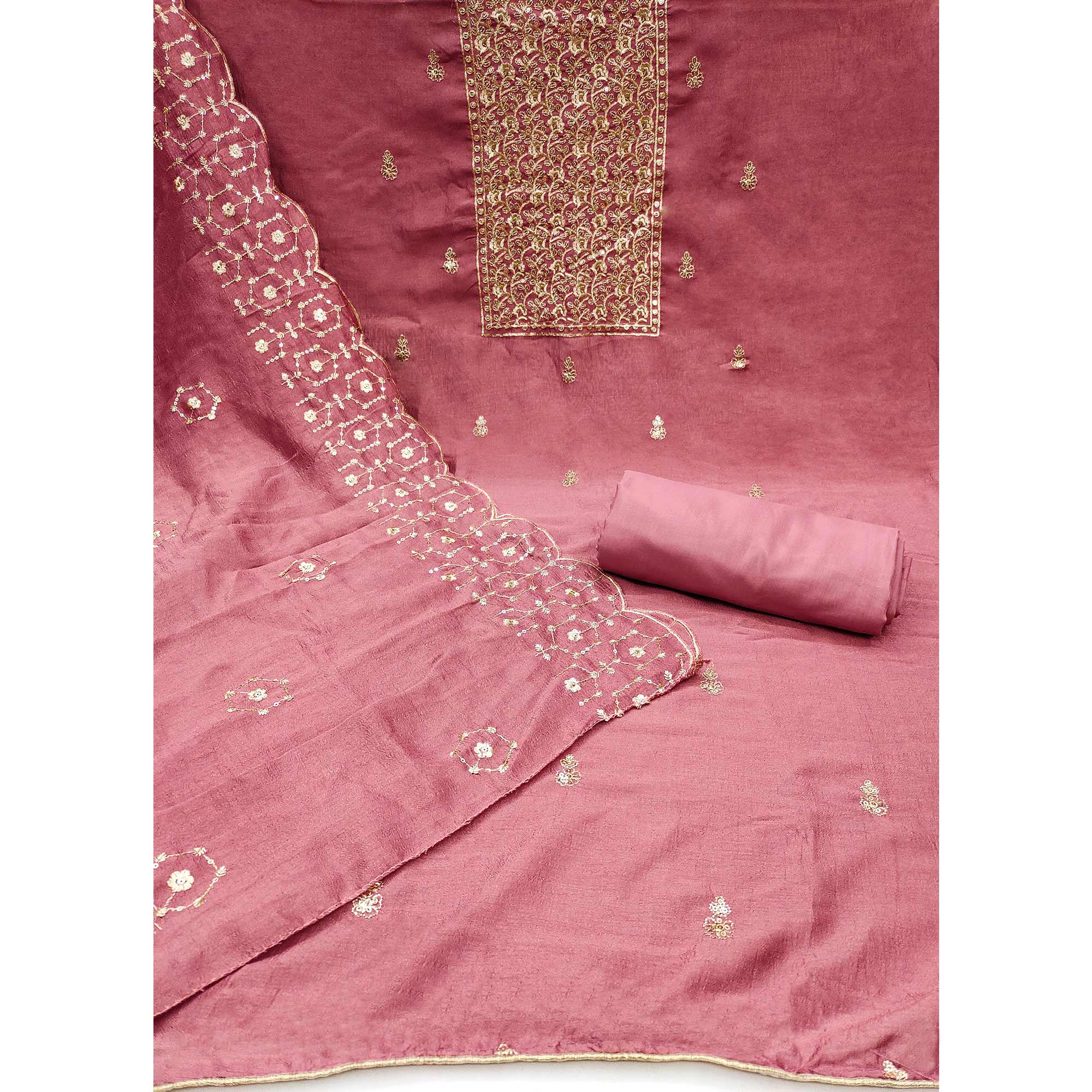 Pink Sequins Embroidered Chinon Dress Material