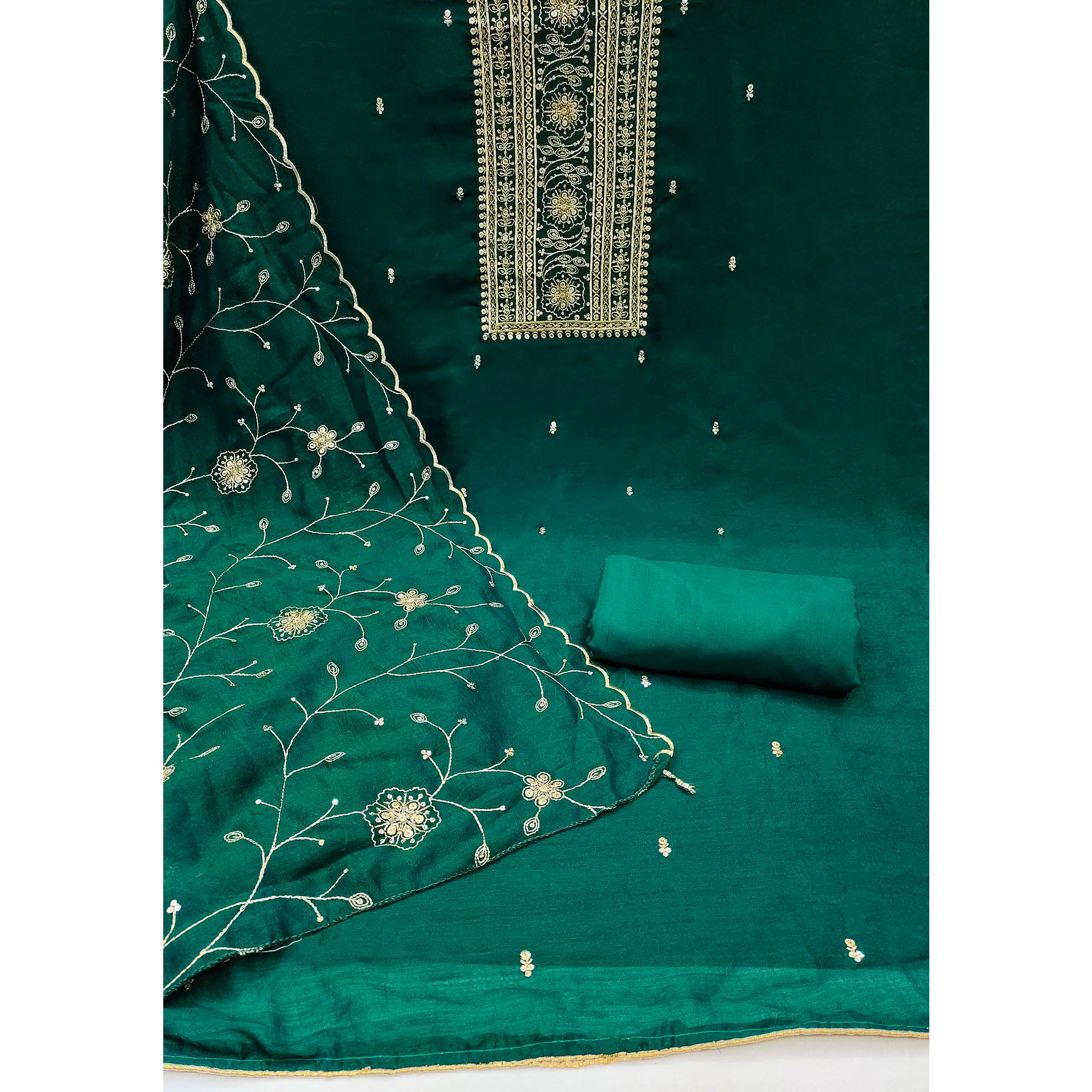 Green Sequins Embroidered Chinon Dress Material