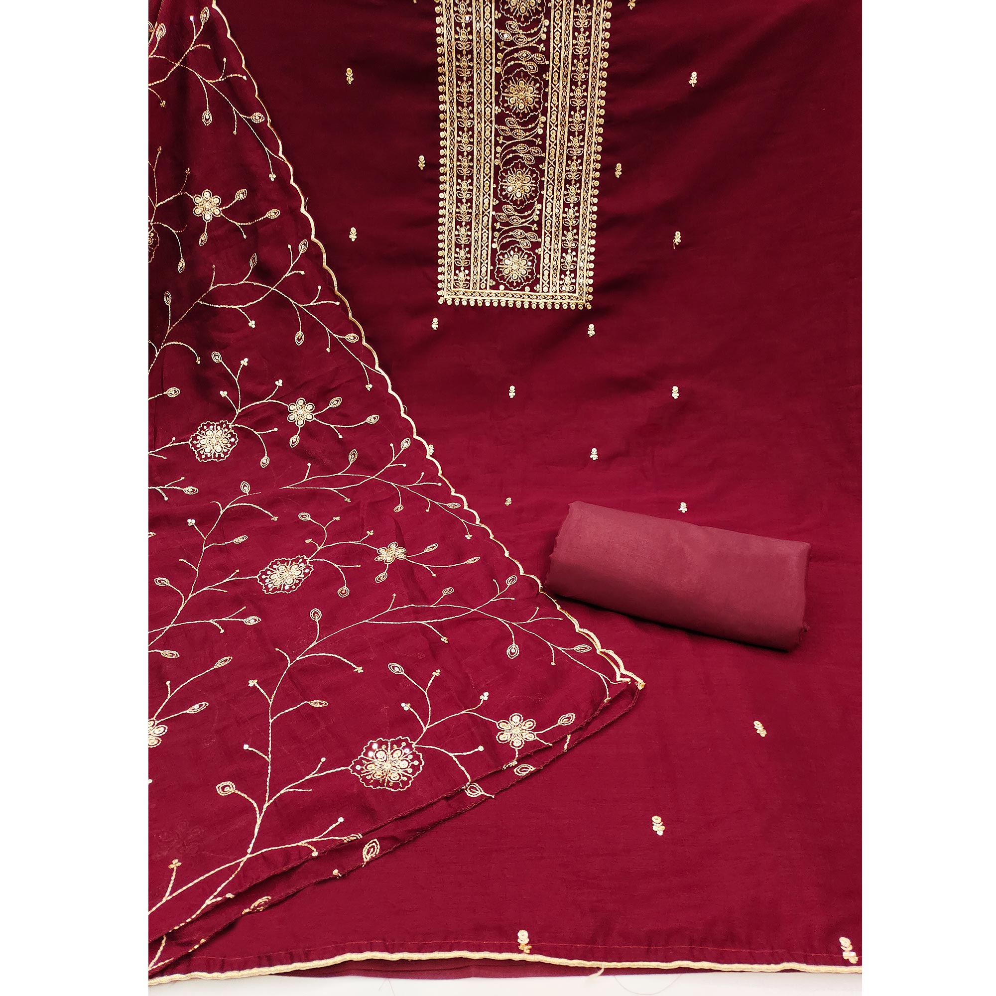 Maroon Sequins Embroidered Chinon Dress Material