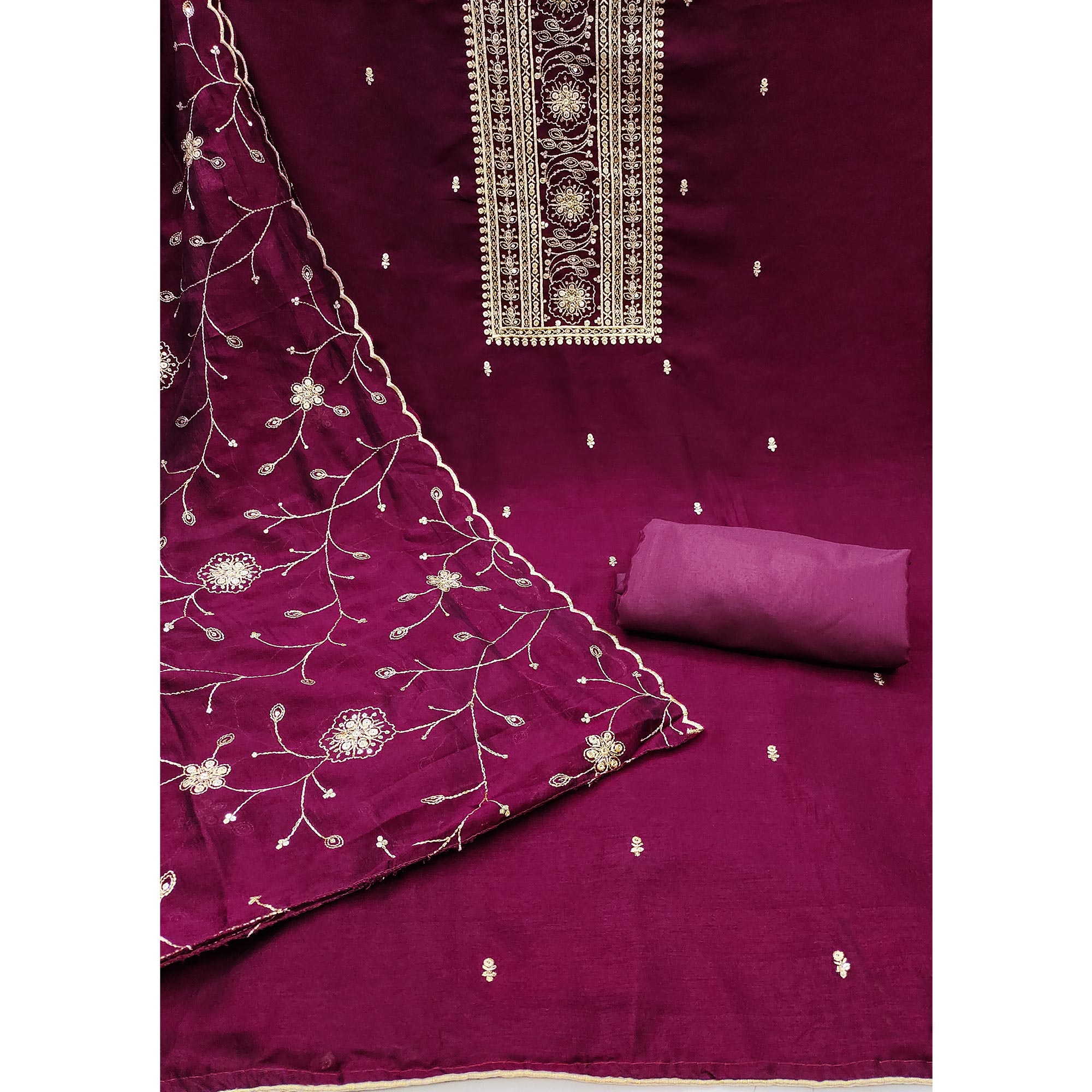 Wine Sequins Embroidered Chinon Dress Material