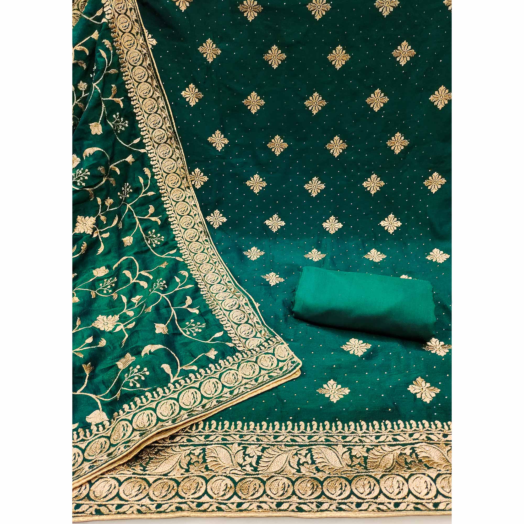Green Floral Embroidered Chinon Dress Material