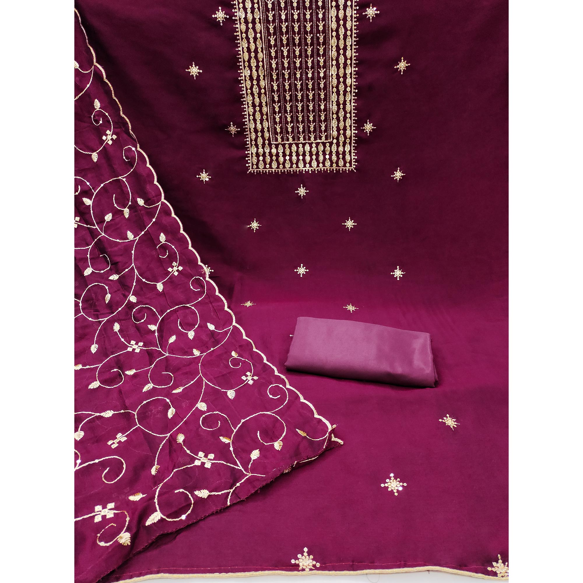 Wine Sequins Embroidered Chinon Dress Material
