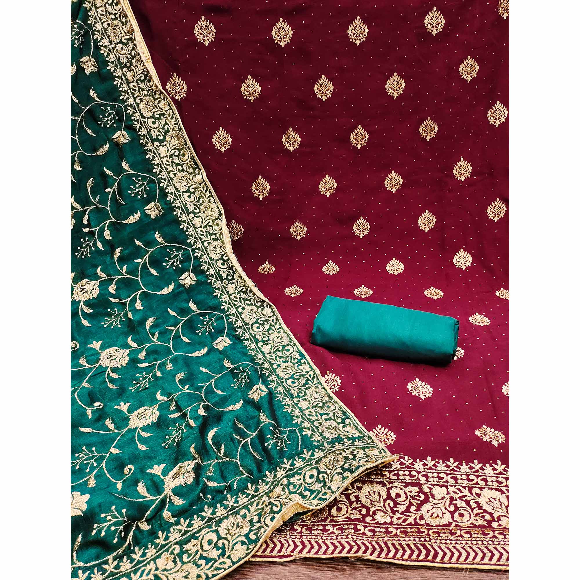 Maroon Floral Embroidered Chinon Dress Material