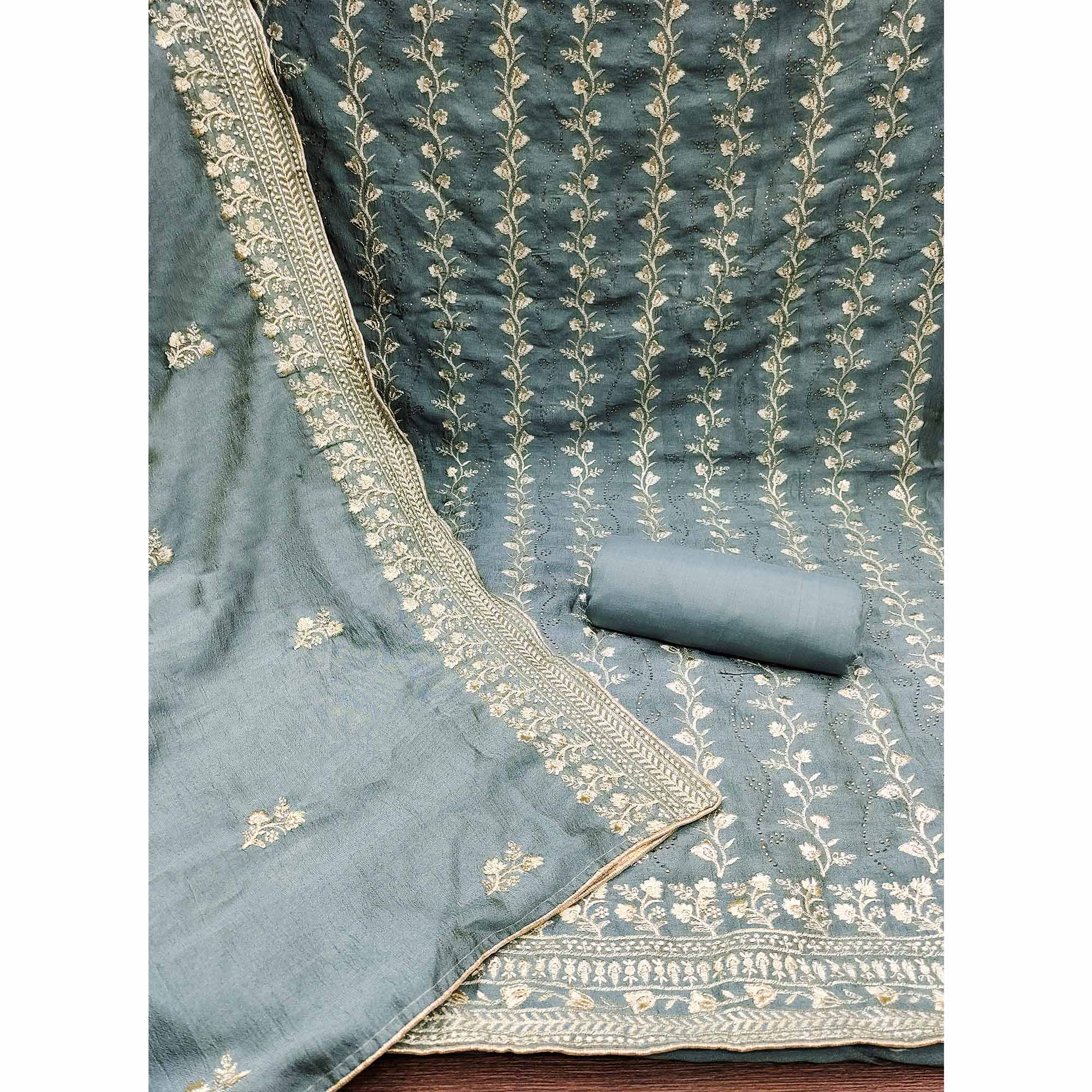 Grey Floral Embroidered Chinon Dress Material