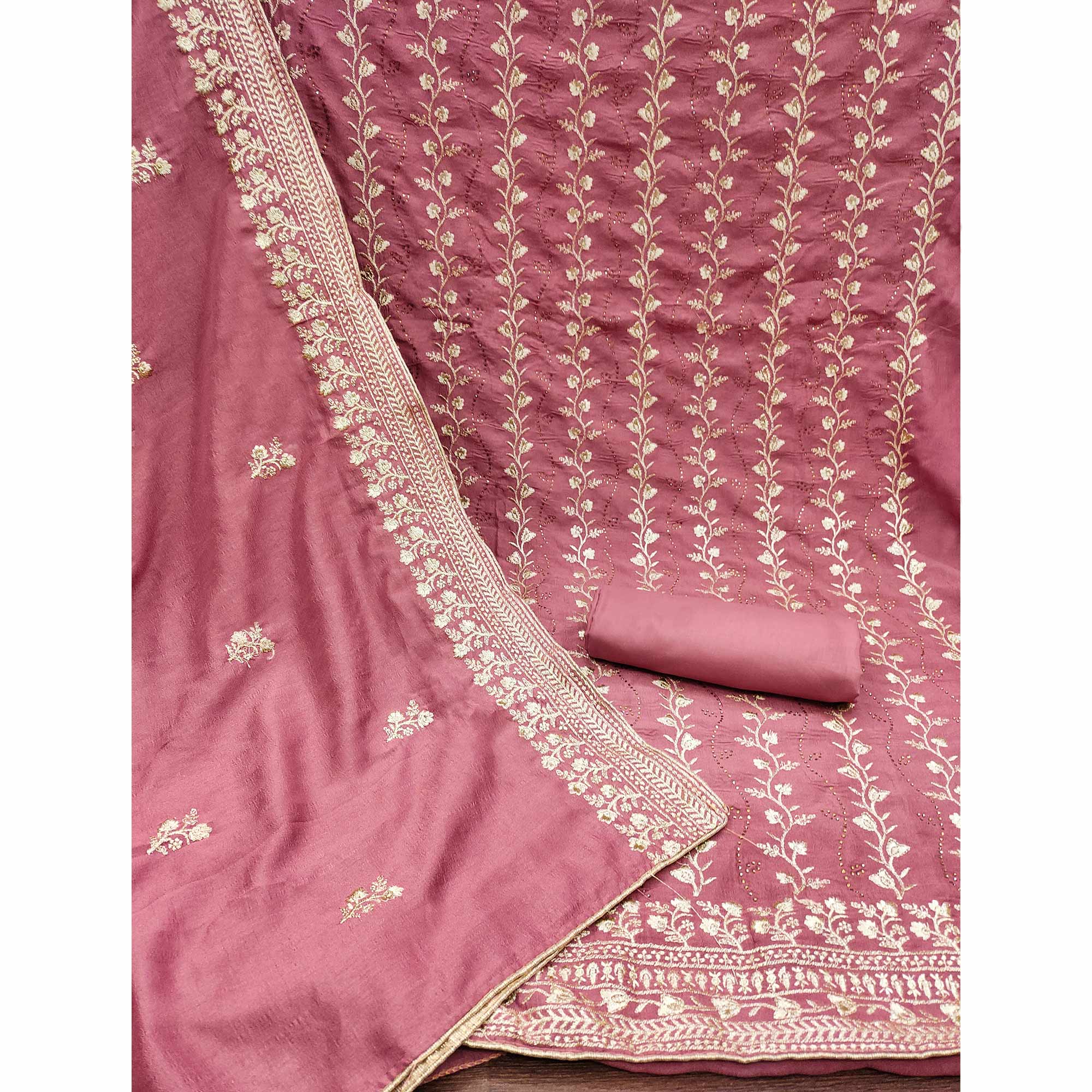 Pink Floral Embroidered Chinon Dress Material