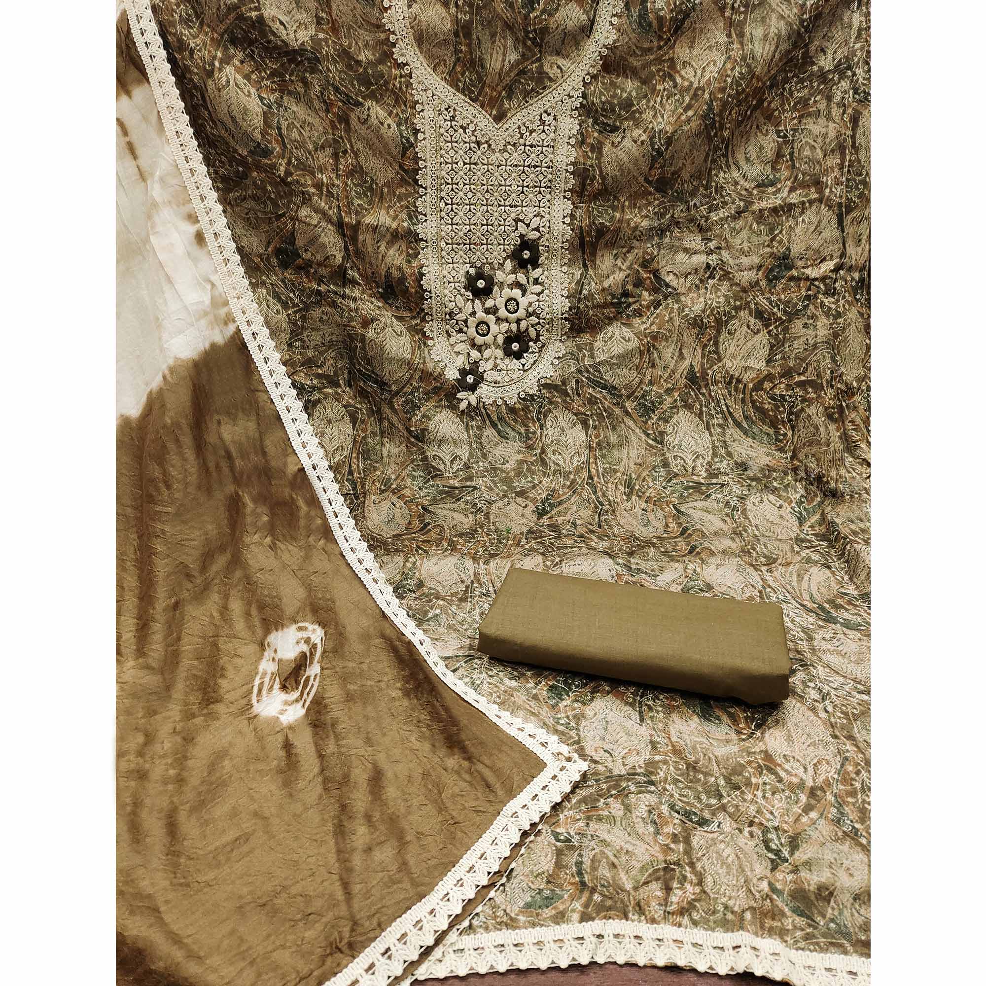 Brown Floral Embroidered Pure Cotton Dress Material
