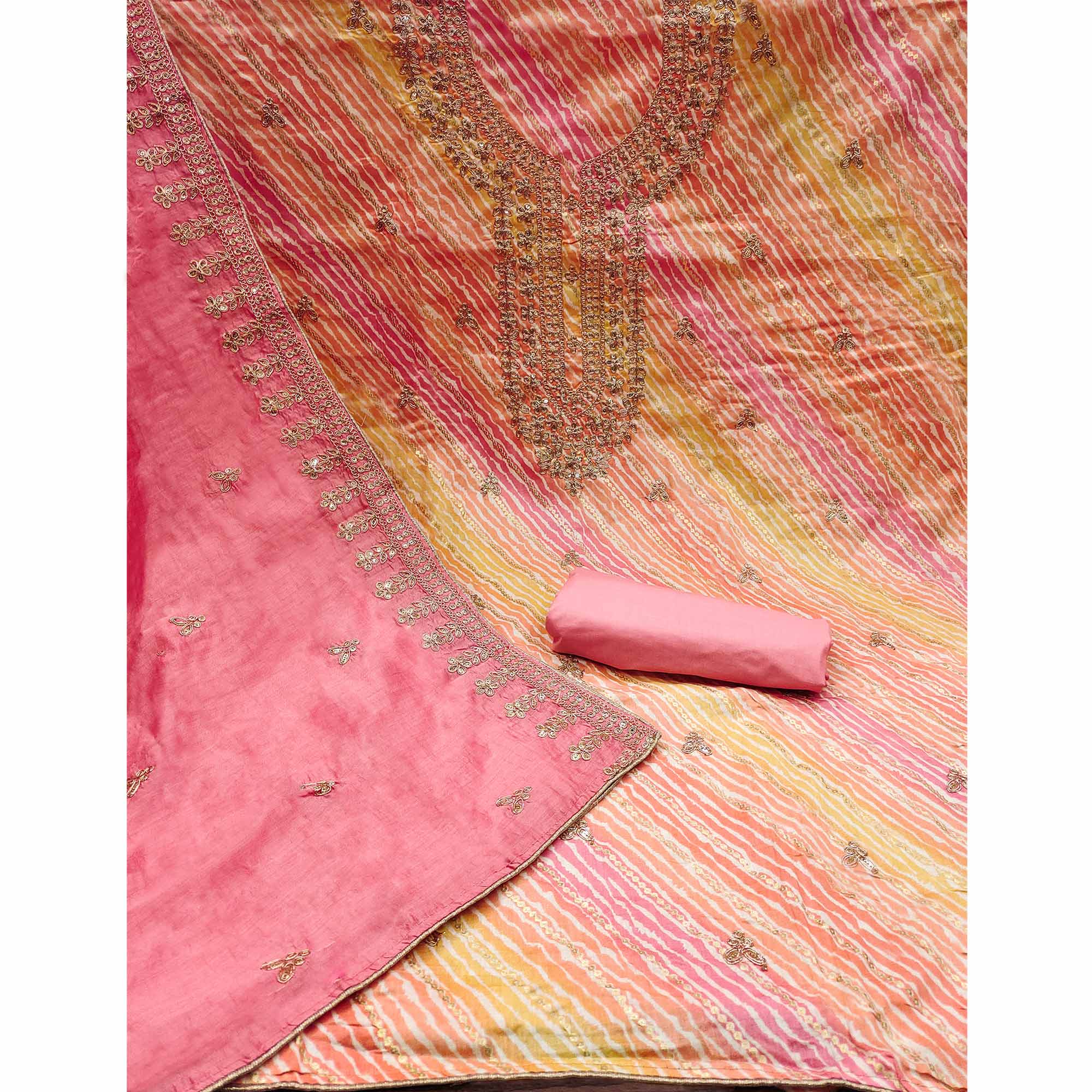 Peach Printed With Sequins Pure Cotton Dress Material