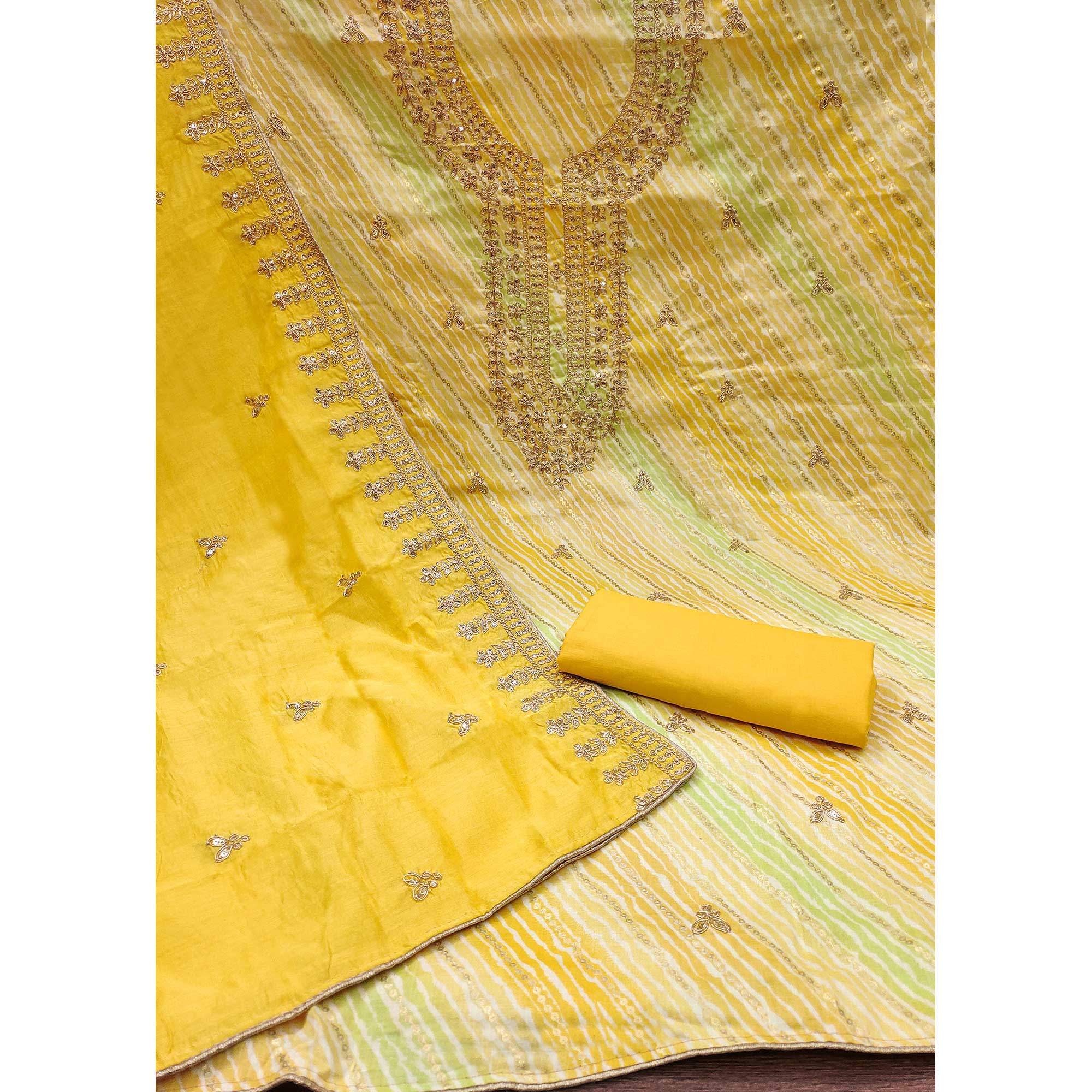 Yellow Printed With Sequins Pure Cotton Dress Material