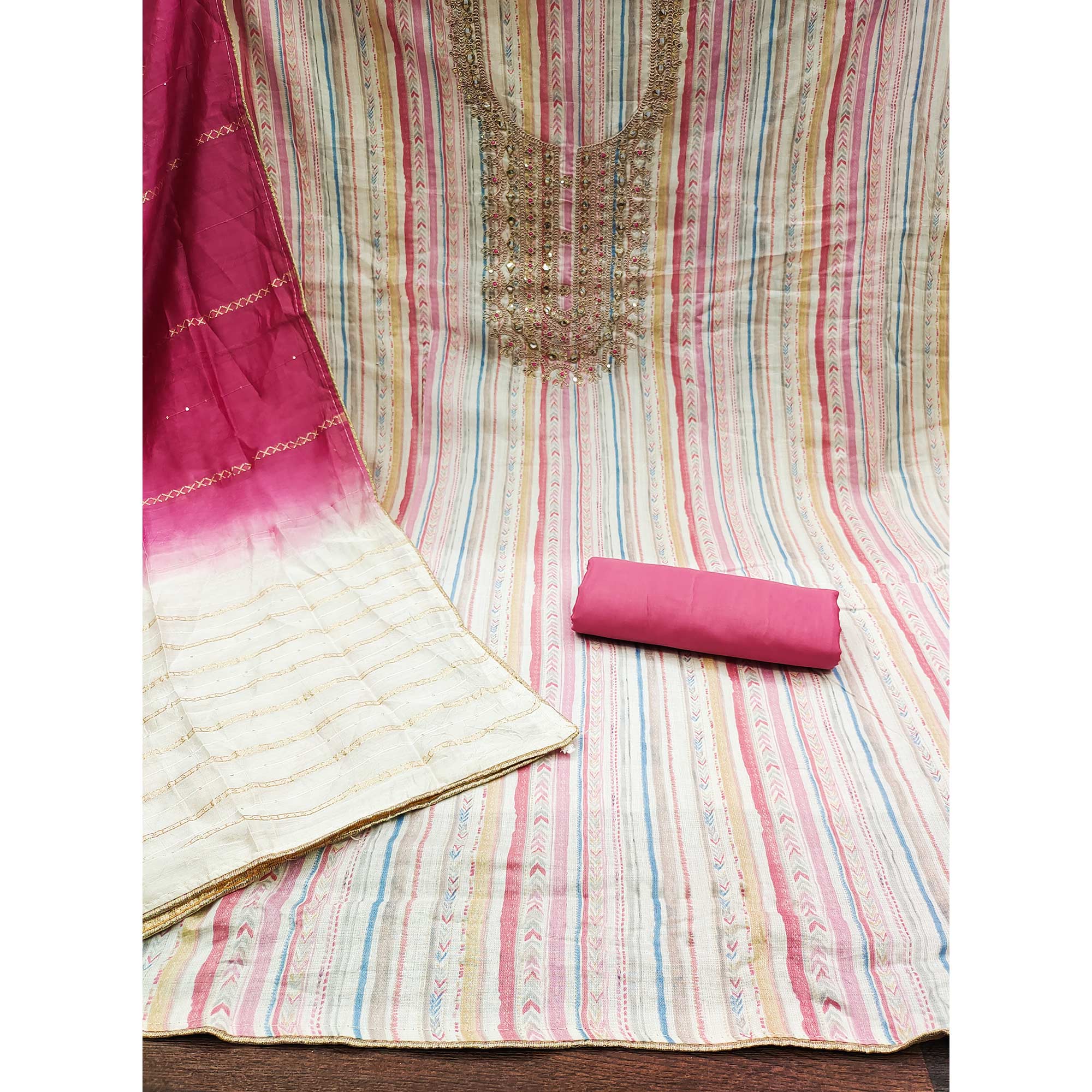 Off White & Pink Printed Pure Cotton Dress Material