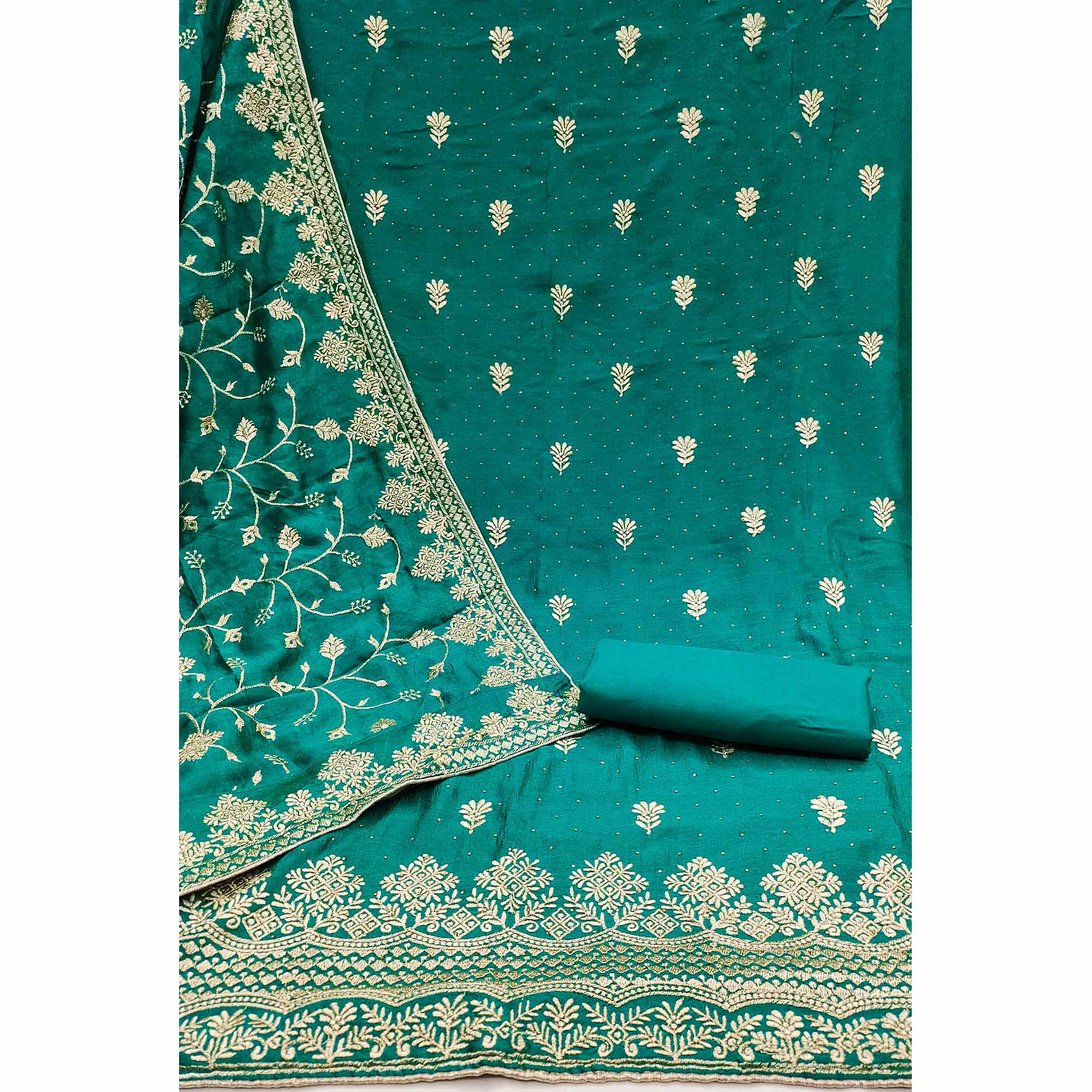 Rama Green Embroidered Chinon Dress Material