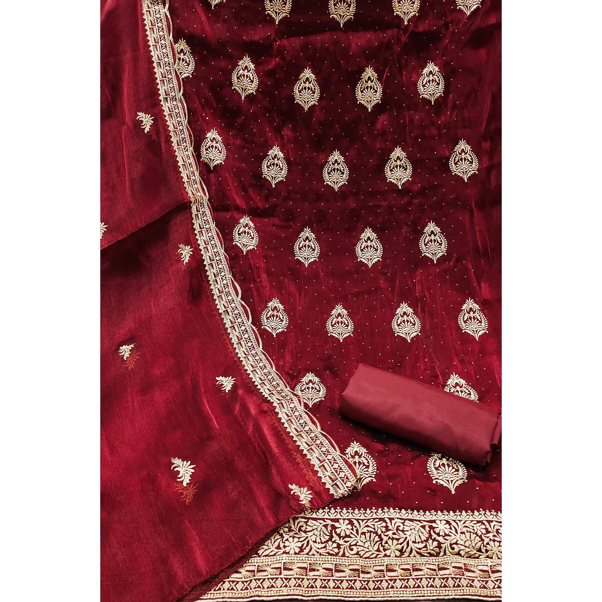 Maroon Floral Embroidery With Stonework Mulberry Silk Dress Material