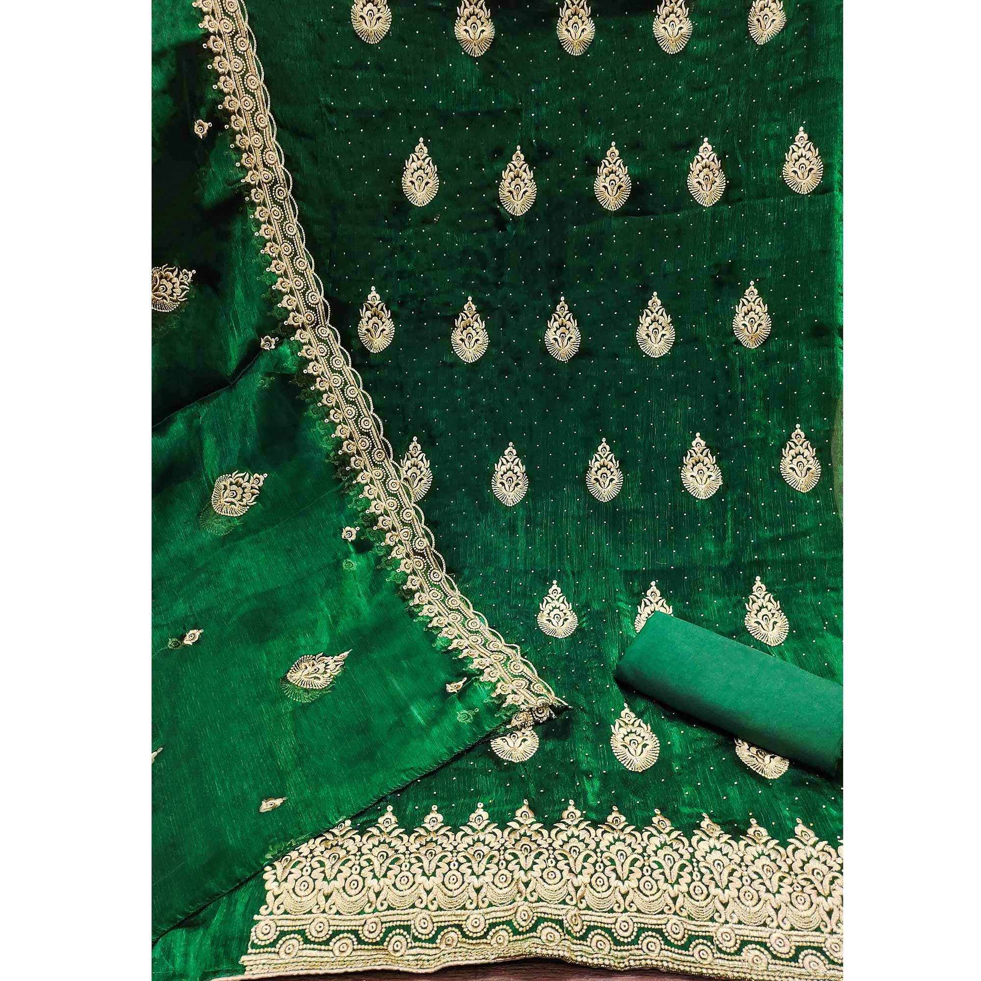 Green Embroidery With Stonework Mulberry Dress Material