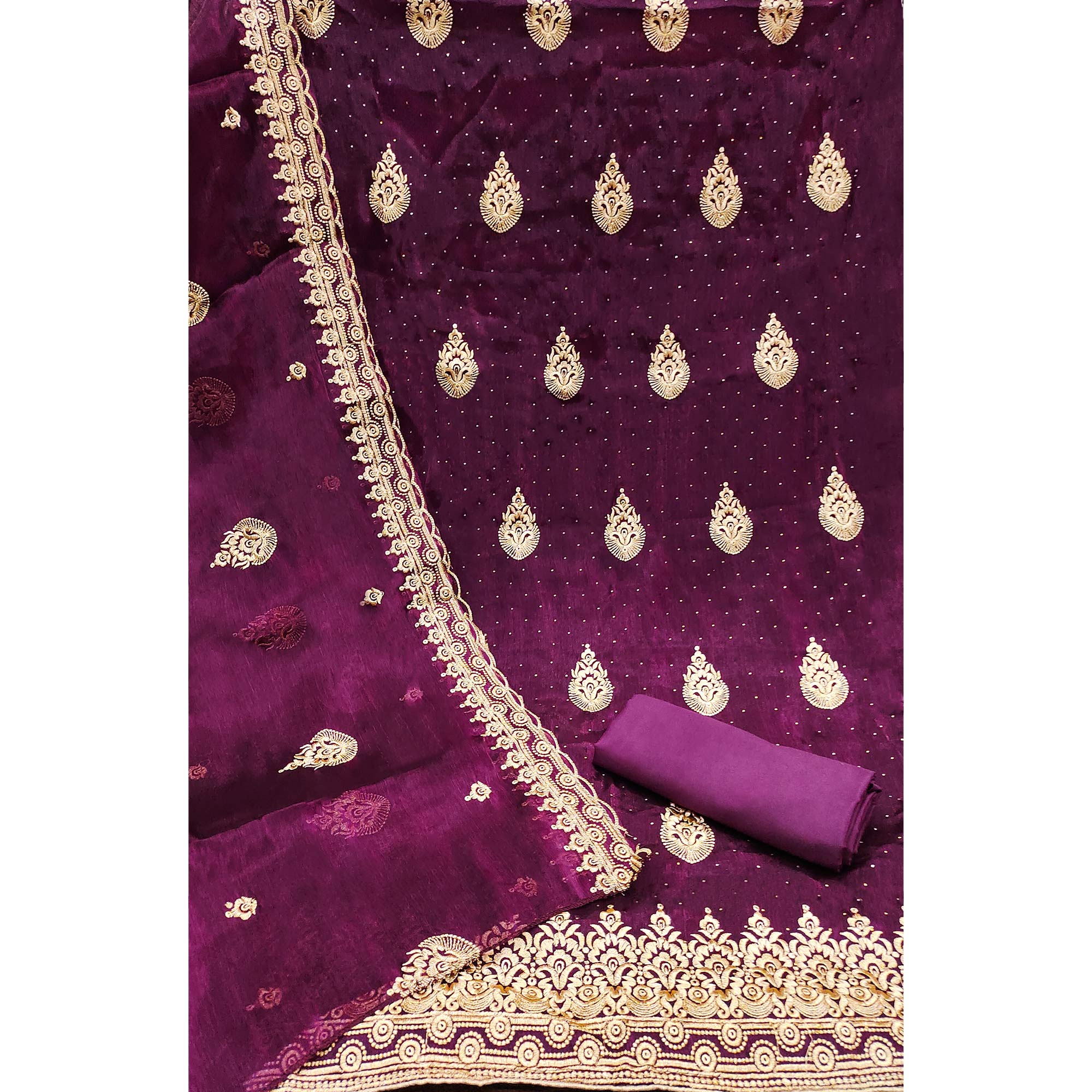 Purple Embroidery With Stonework Mulberry Dress Material