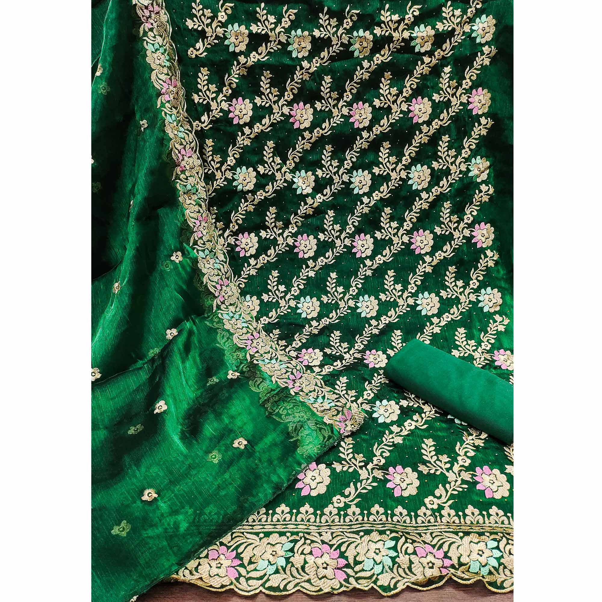 Green Floral Embroidery With Stonework Mulberry Silk Dress Material