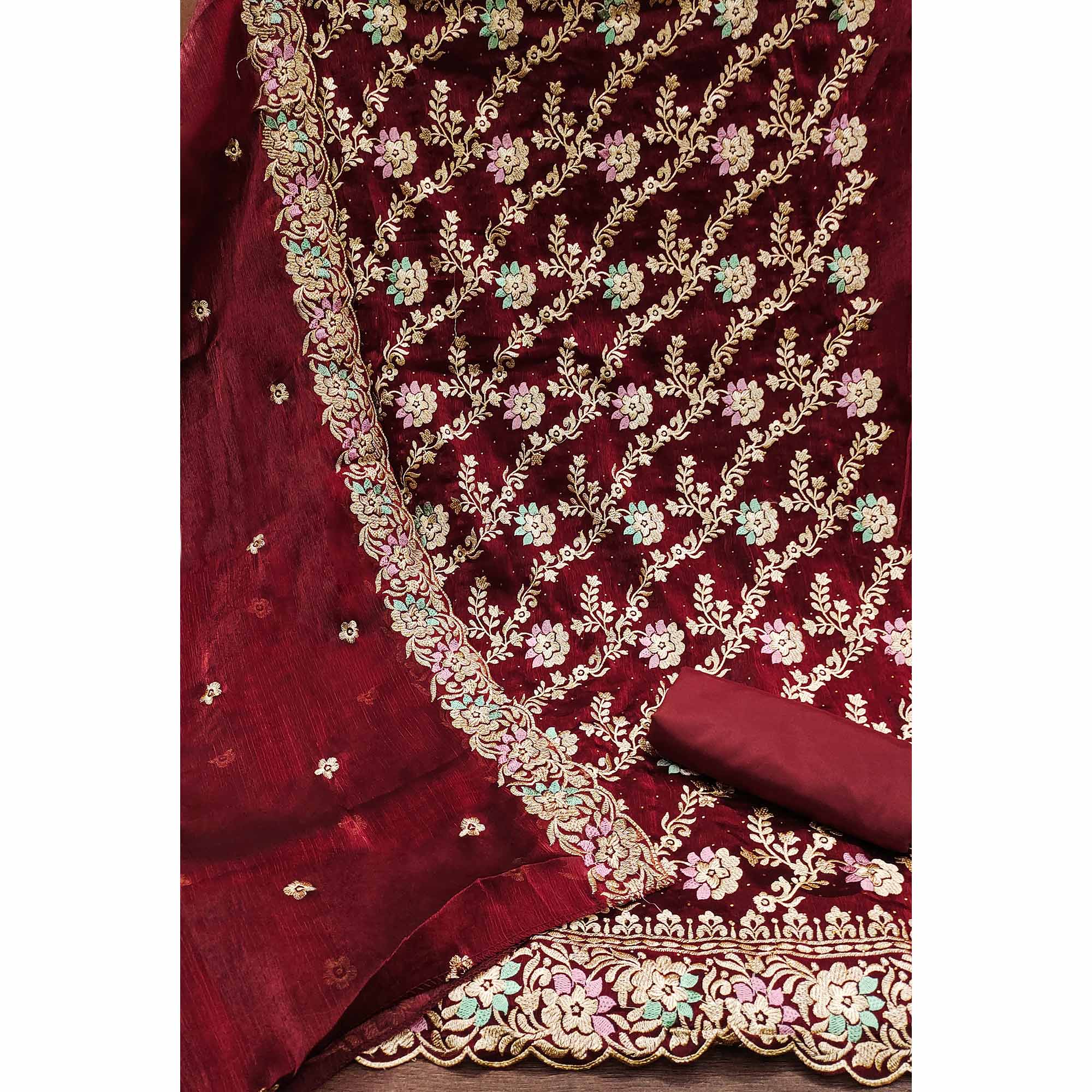 Maroon Floral Embroidery With Stonework Mulberry Silk Dress Material