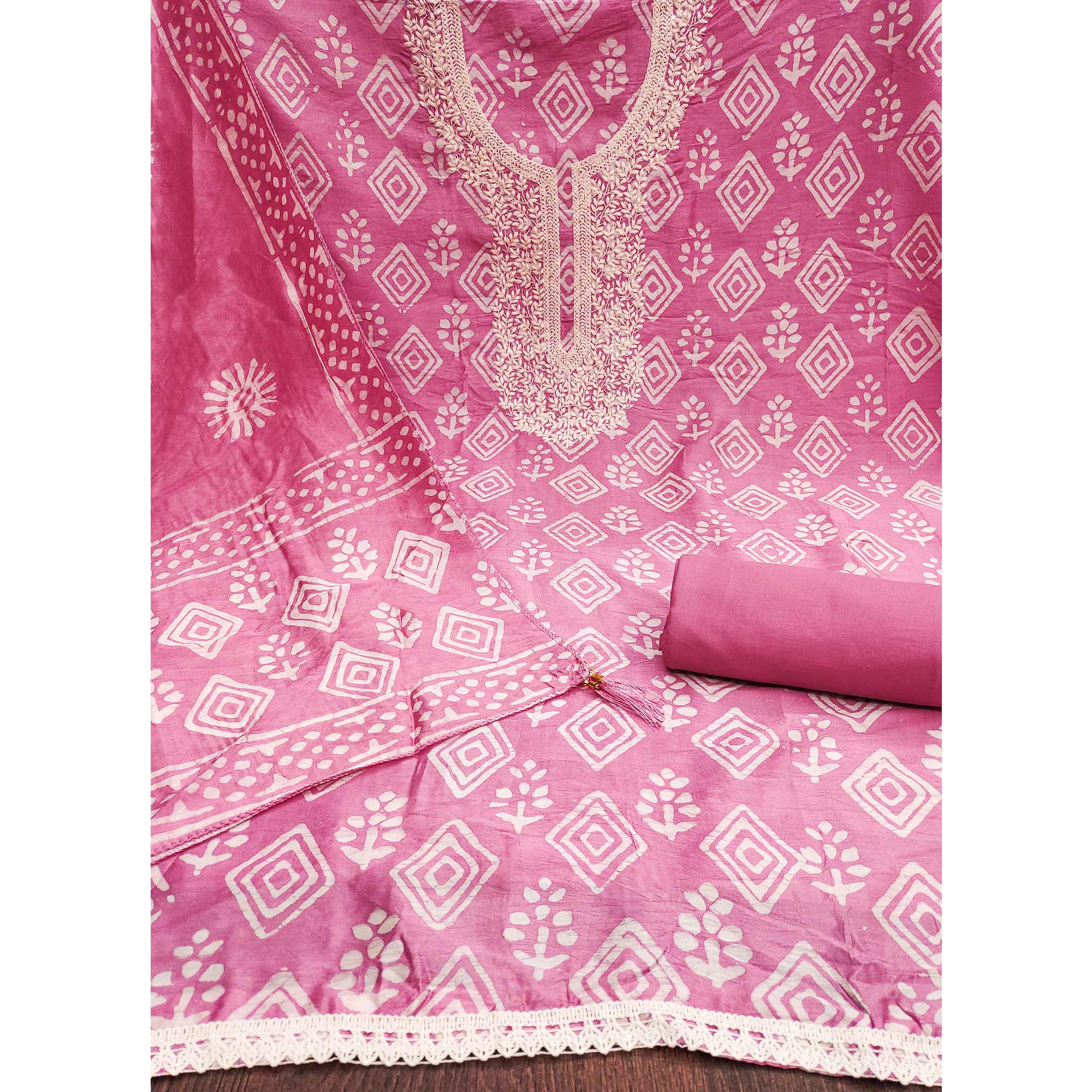 Pink Batik Printed With Embroidered Pure Cotton Dress Material