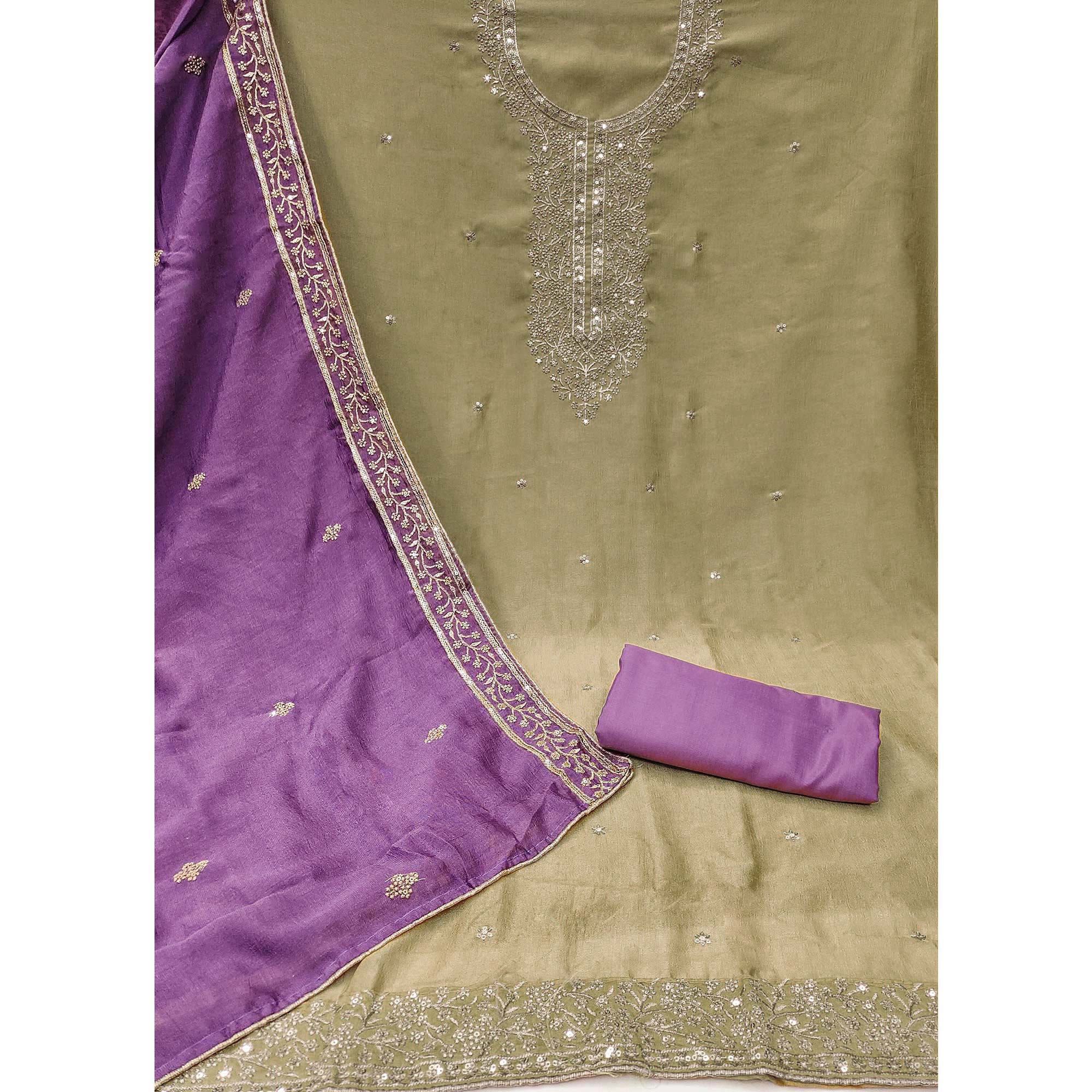 Beige Floral Sequins Embroidered Vichitra Silk Dress Material