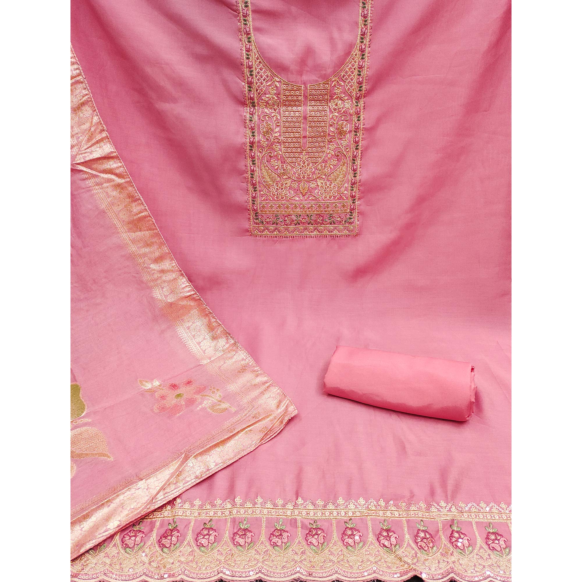 Pink Floral Sequins Embroidered Roman Cotton Silk Dress Material