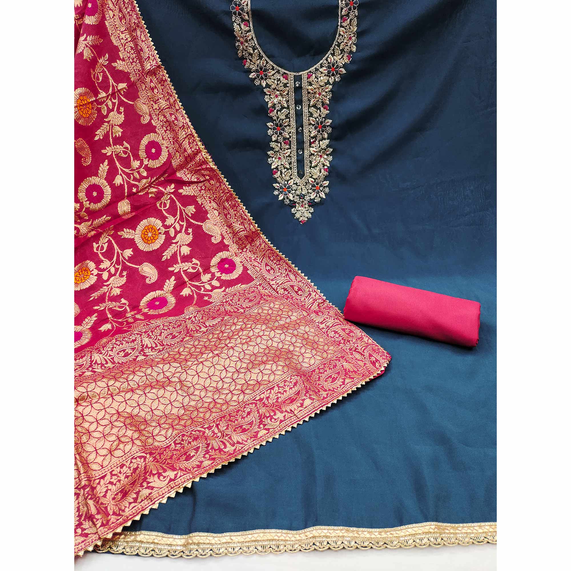 Blue Floral Sequins Embroidered Cotton Roman Silk Dress Material