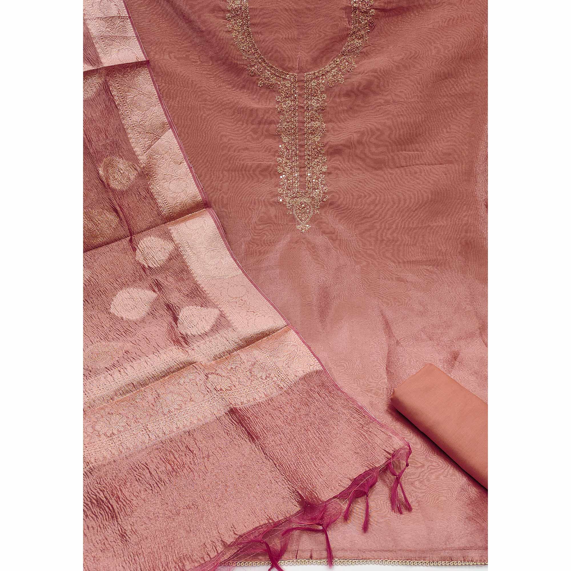 Peach Woven With Embroidered Banarasi Silk Shimmer Crush Dress Material