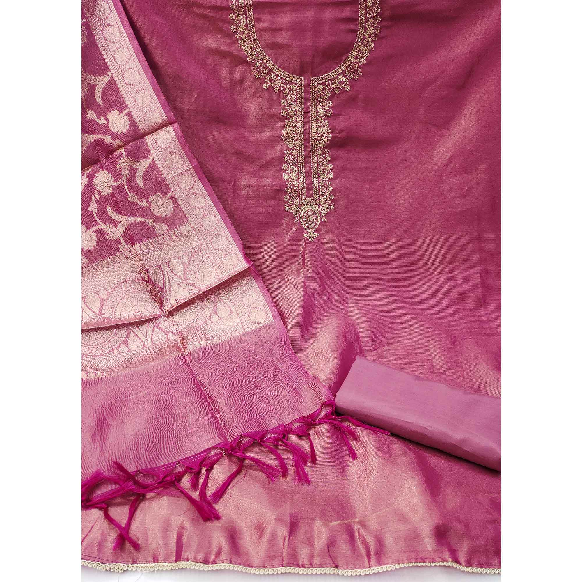 Magenta Woven With Embroidered Banarasi Silk Shimmer Crush Dress Material