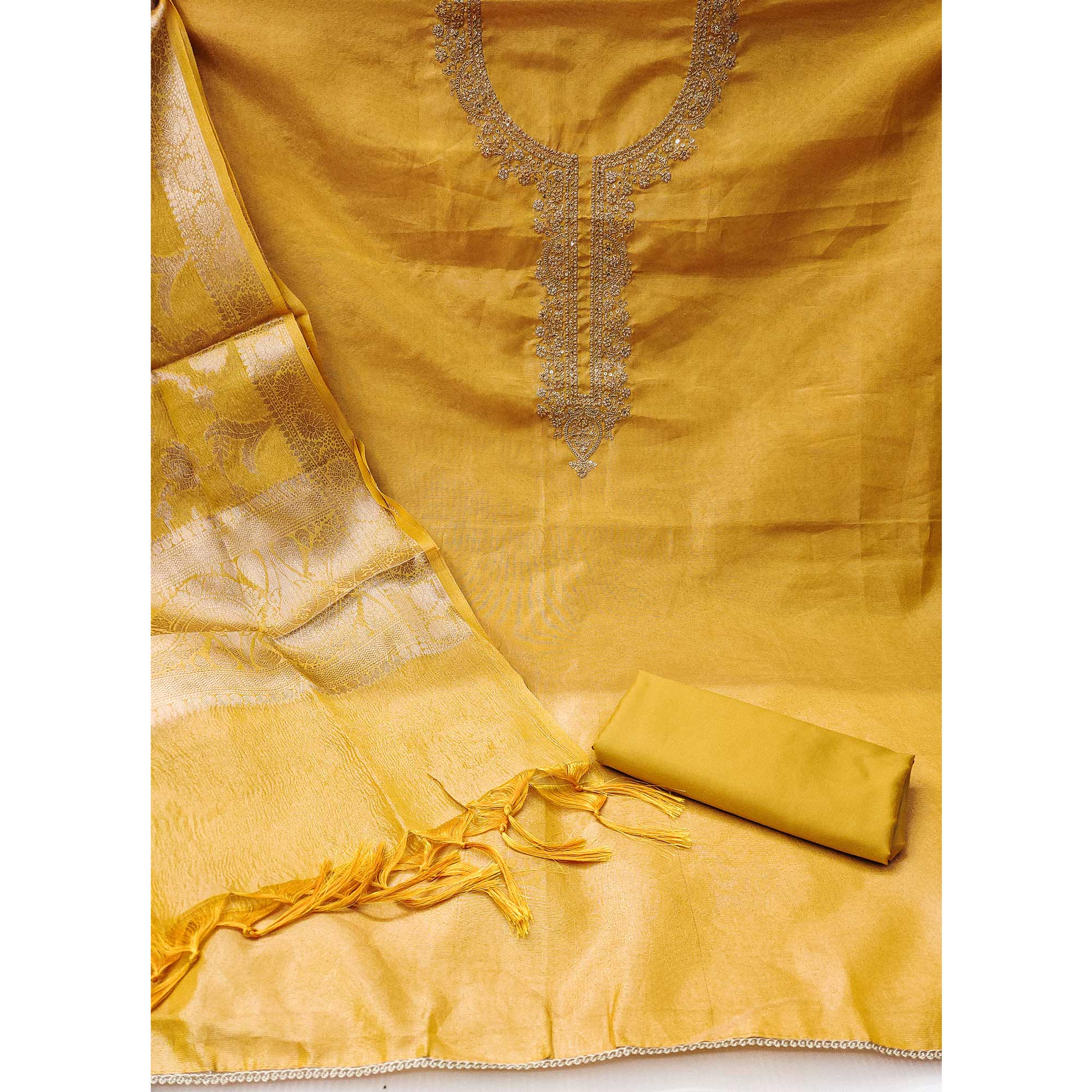 Mustard Woven With Embroidered Banarasi Silk Shimmer Crush Dress Material