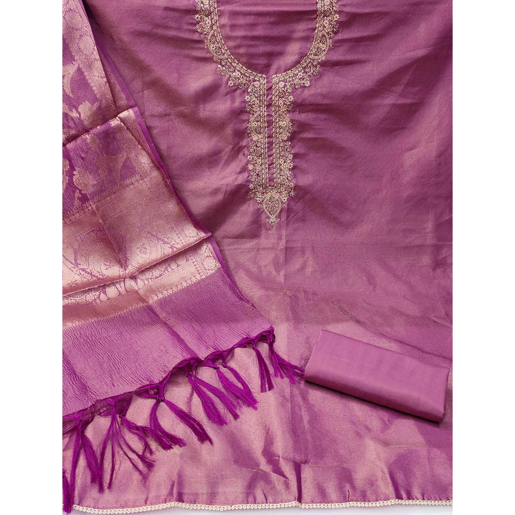 Purple Woven With Embroidered Banarasi Silk Shimmer Crush Dress Material