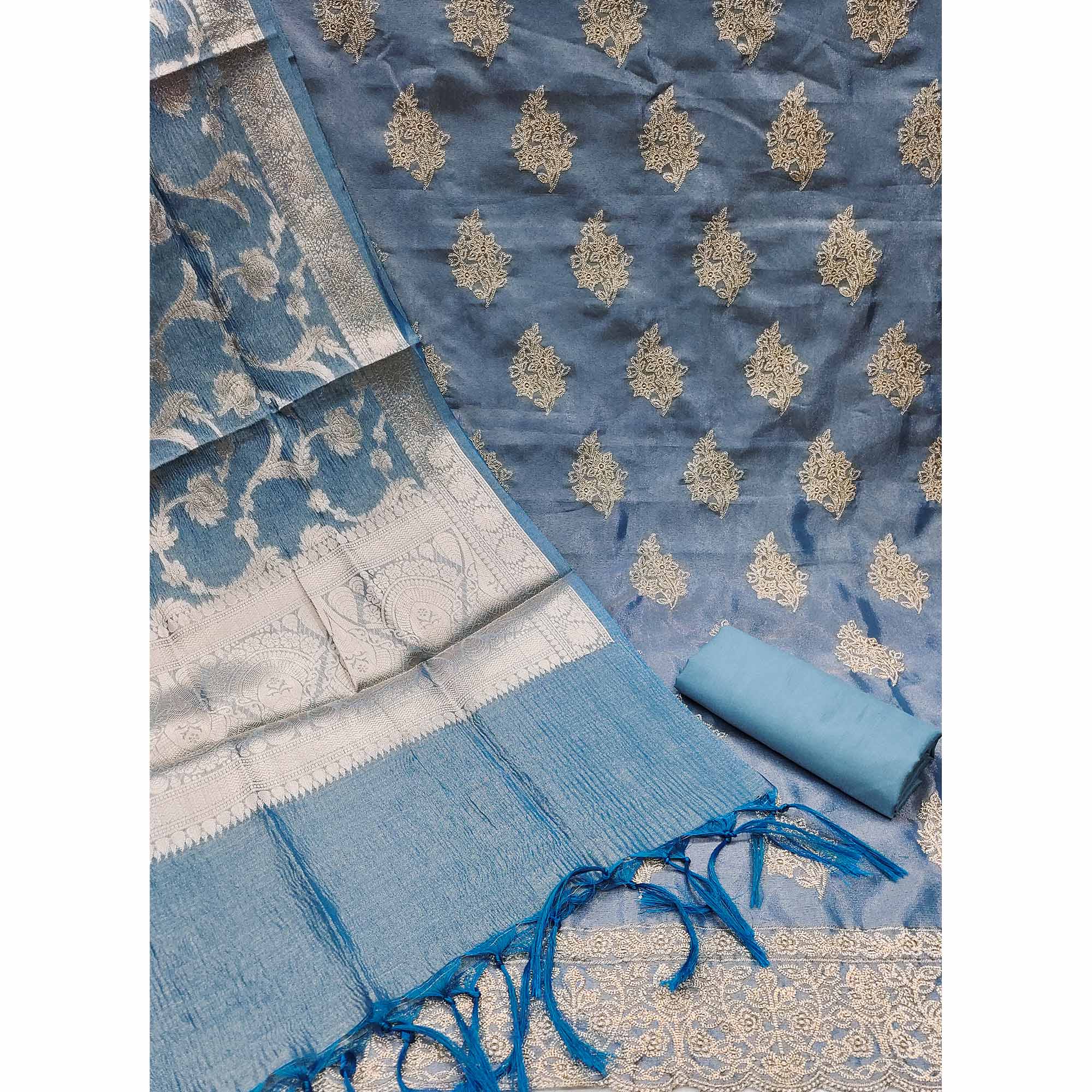 Blue Floral Embroidered Banarasi Silk Shimmer Crush Dress Material