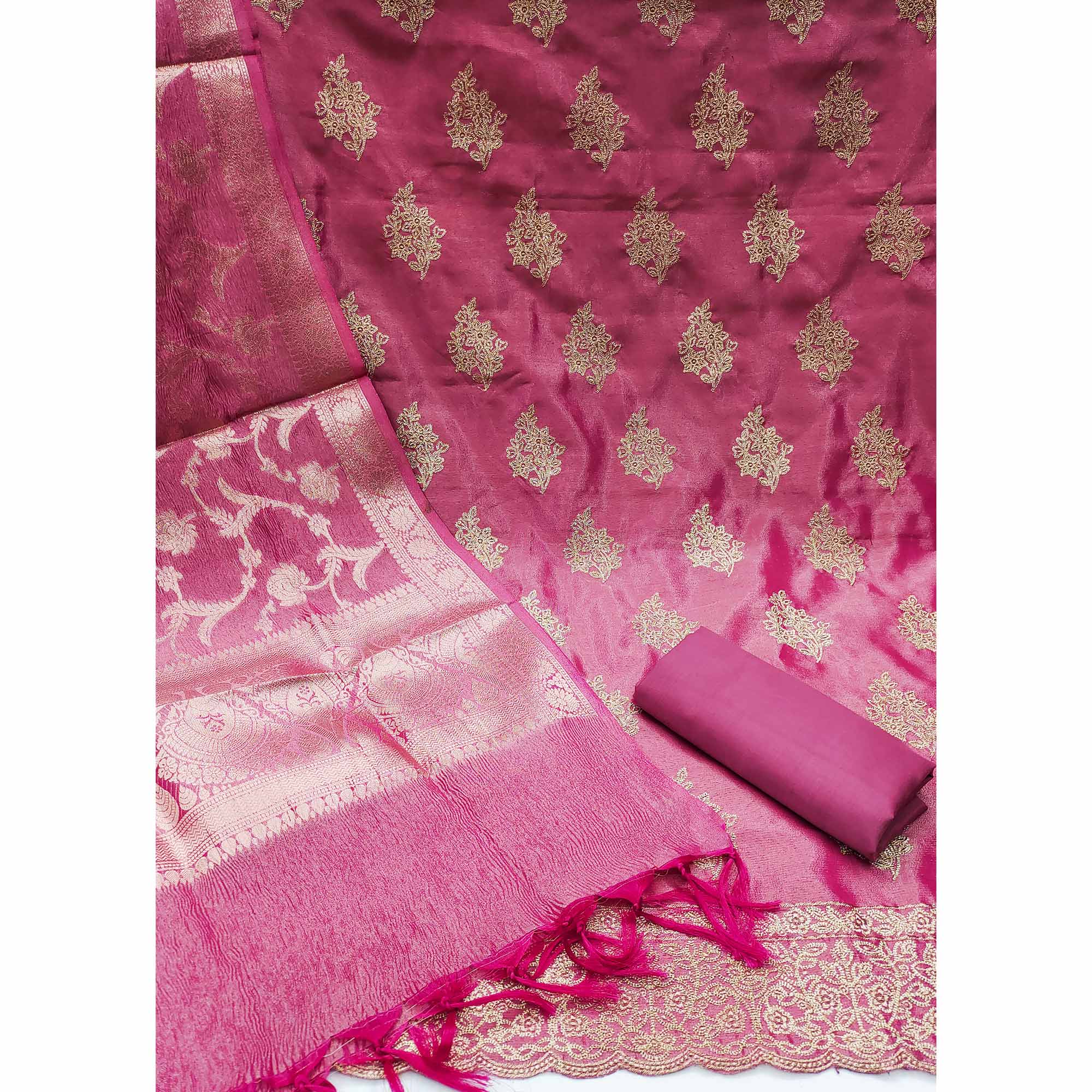 Pink Floral Embroidered Banarasi Silk Shimmer Crush Dress Material