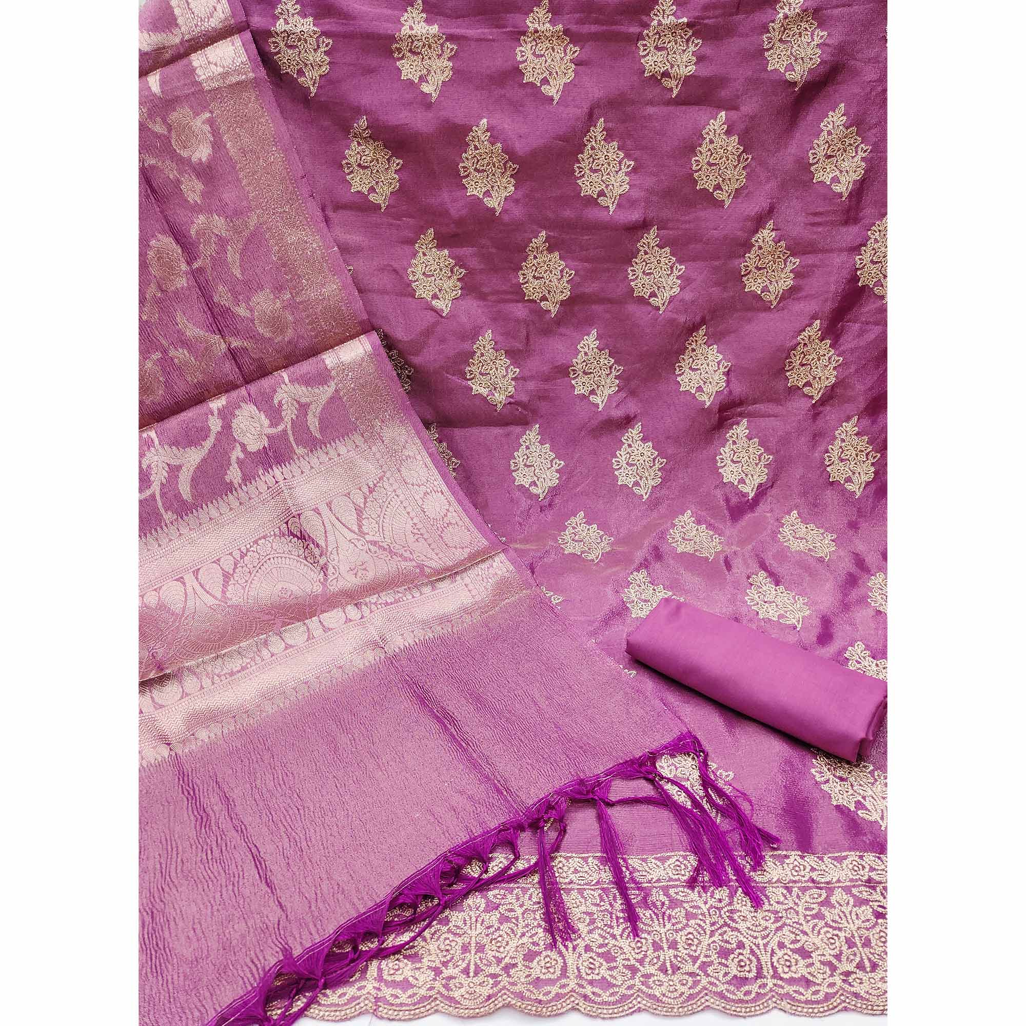 Purple Floral Embroidered Banarasi Silk Shimmer Crush Dress Material