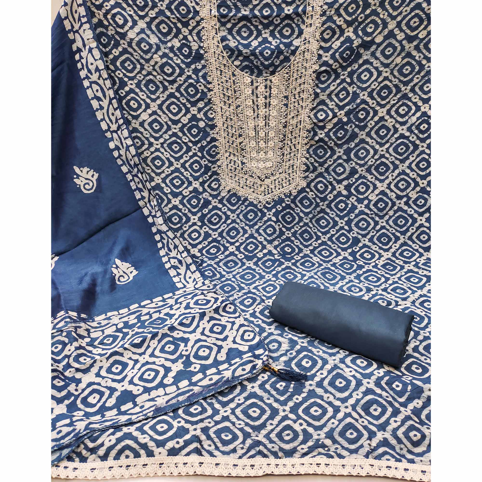 Blue Batik Printed With Embroidered Cotton Silk Dress Material