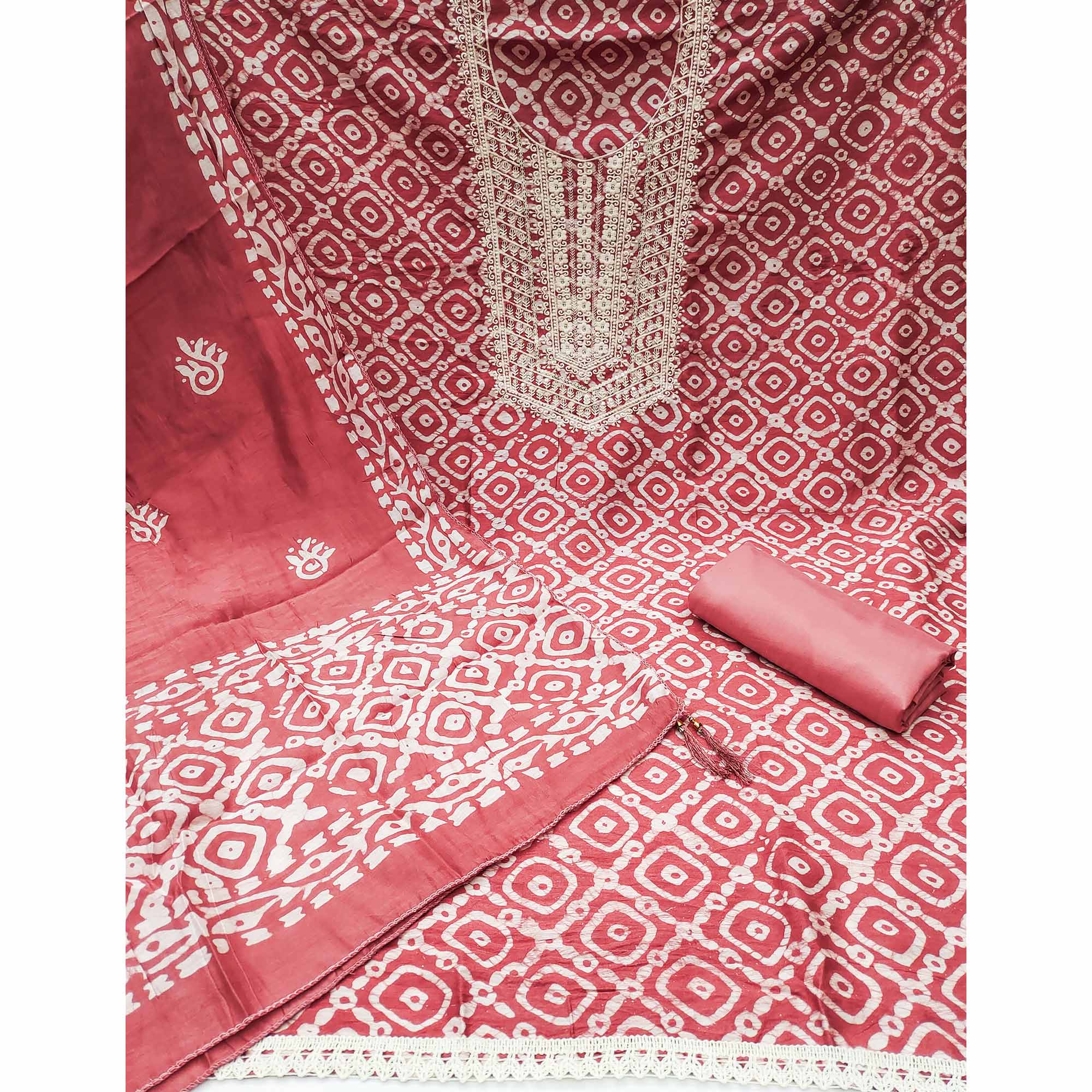 Brick Red Batik Printed With Embroidered Cotton Silk Dress Material