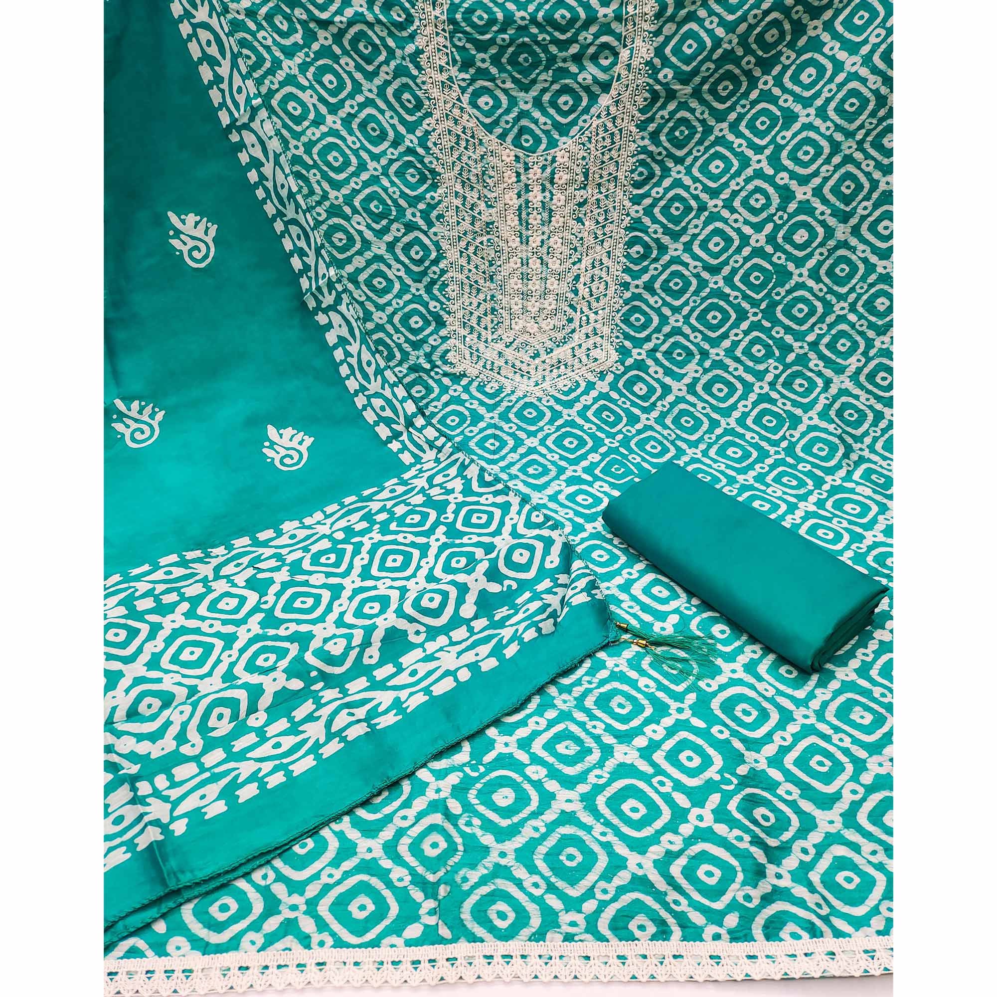 Turquoise Batik Printed With Embroidered Cotton Silk Dress Material