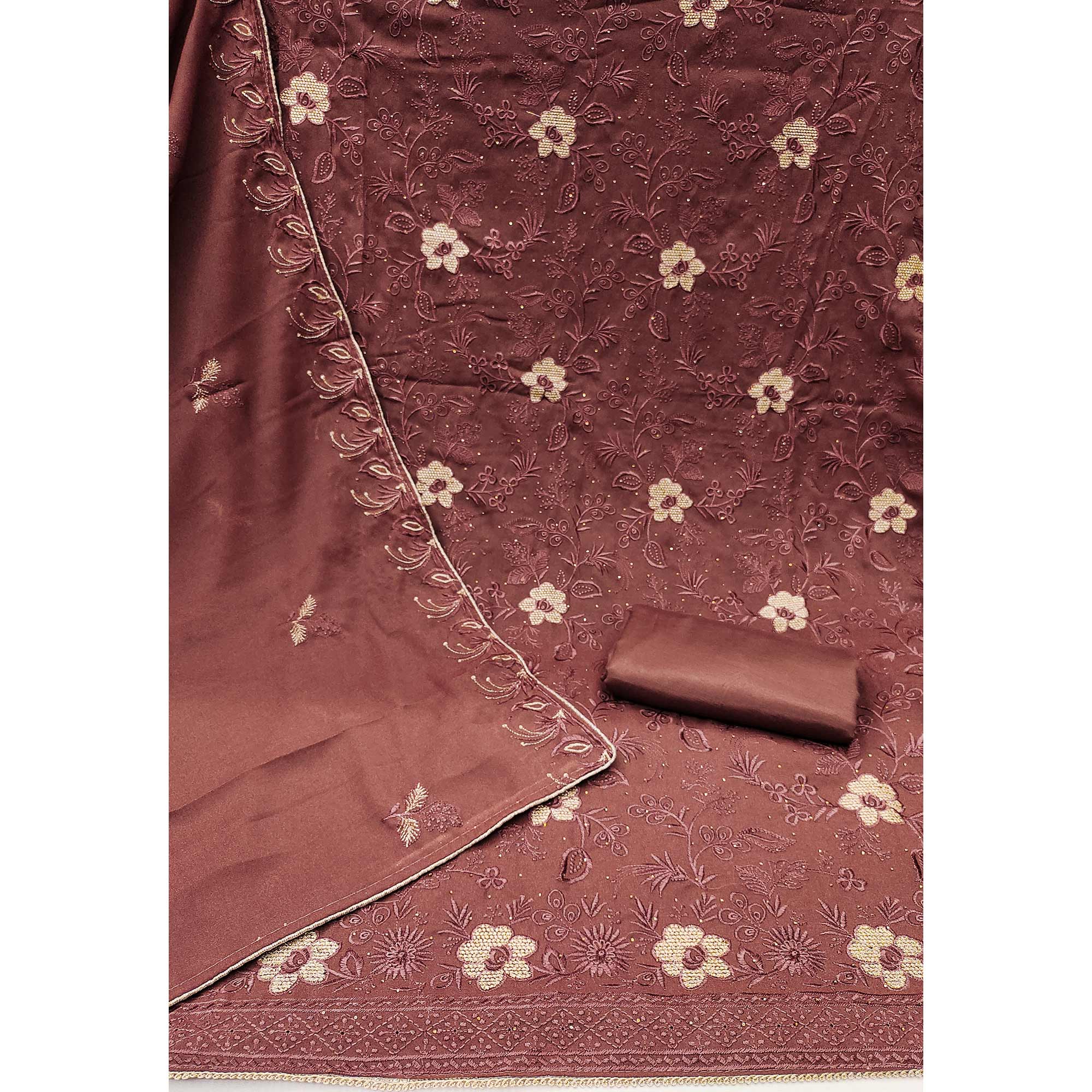 Brown Floral Embroidered With Stonework Georgette Dress Material