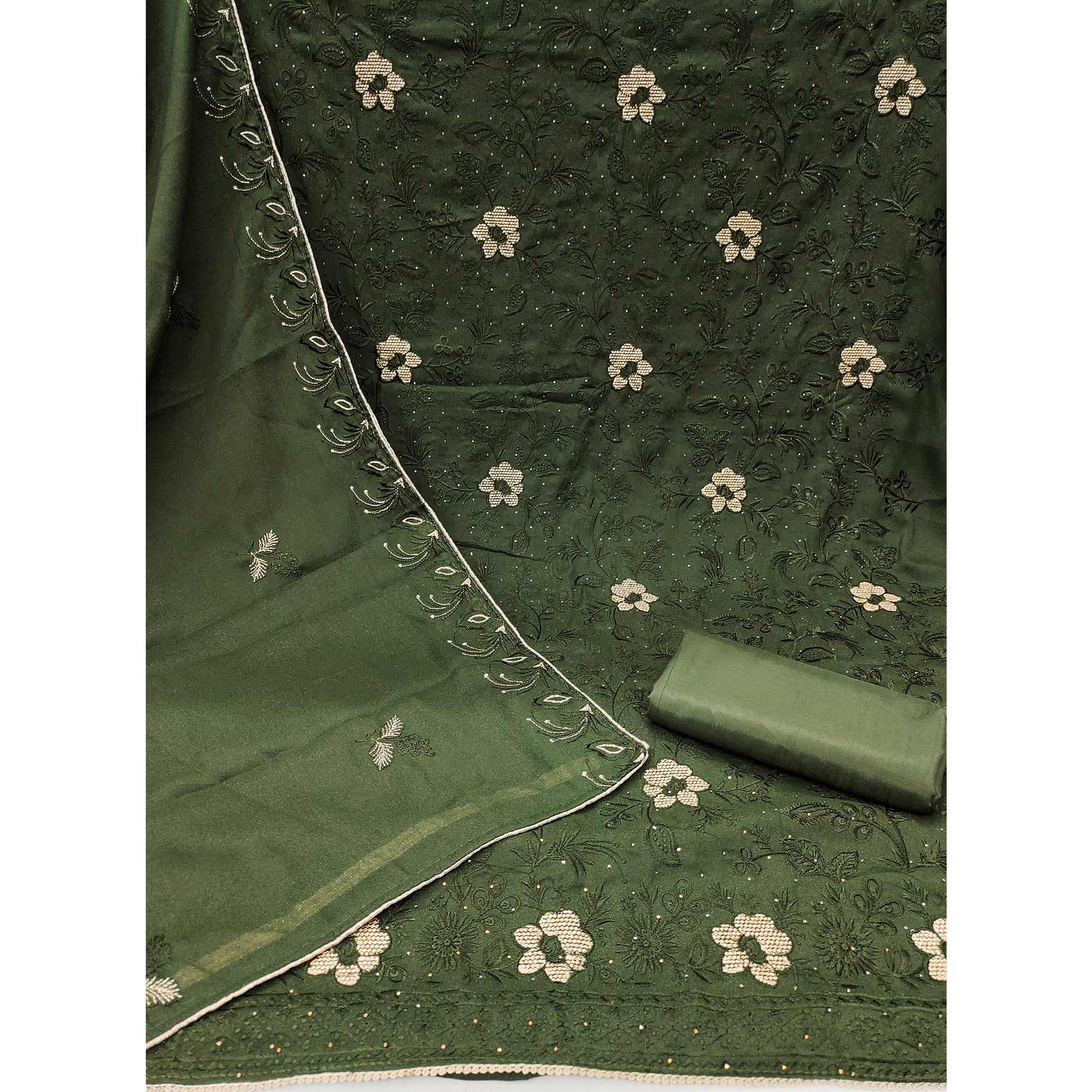 Green Floral Embroidered With Stonework Georgette Dress Material